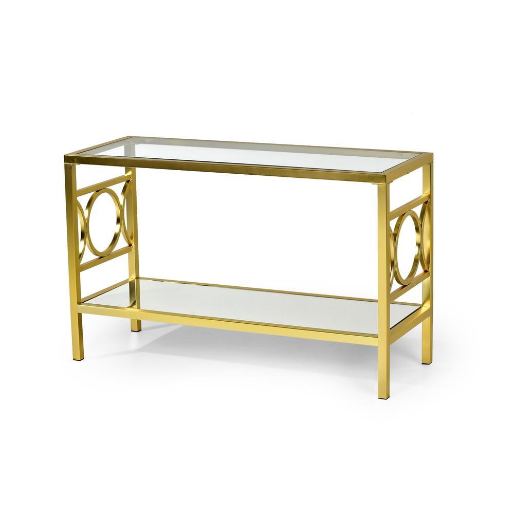 Olympia Sofa Table Glass Iron and Chrome - Steve Silver Co.: Mirrored Base, Circular Side Design, No Tools Assembly