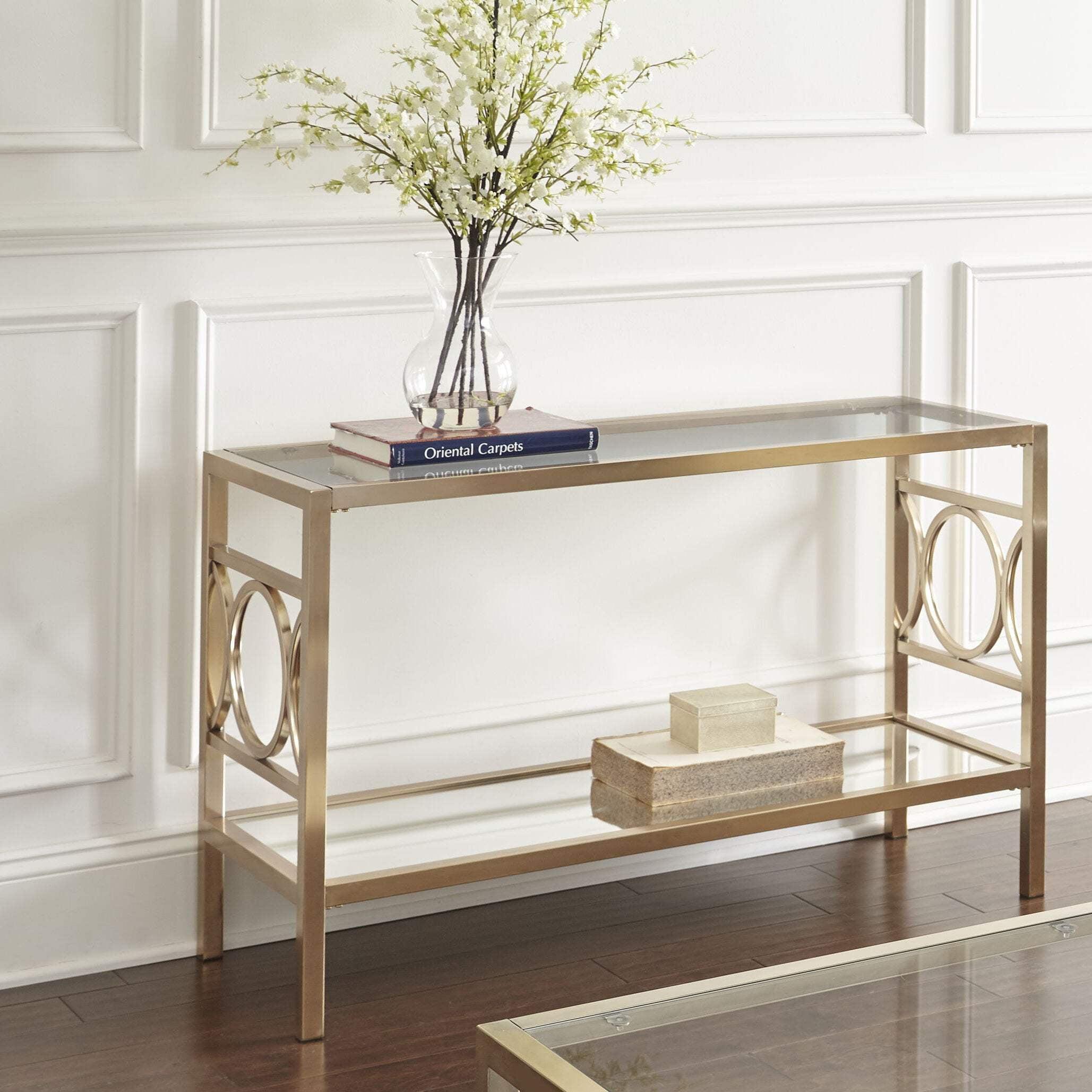 Olympia Gold Iron and Glass Console Table with Mirrored Shelf