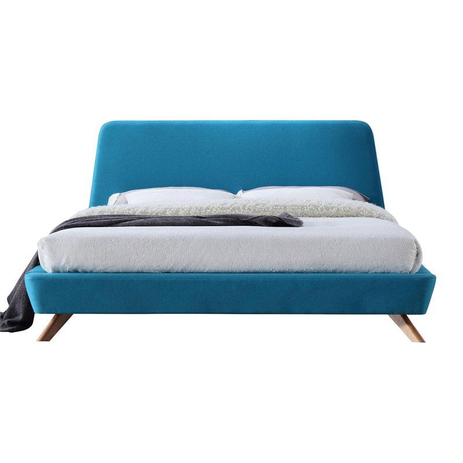 Mid-Century King Size Blue Upholstered Platform Bed with Wooden Frame