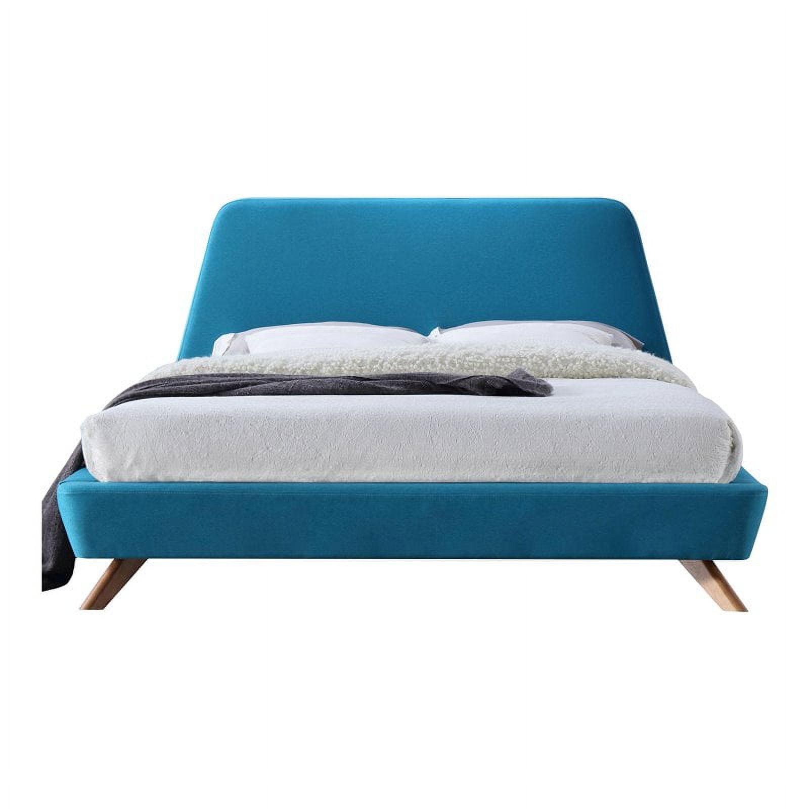 Mid-Century Blue Queen Upholstered Platform Bed with Wood Slats