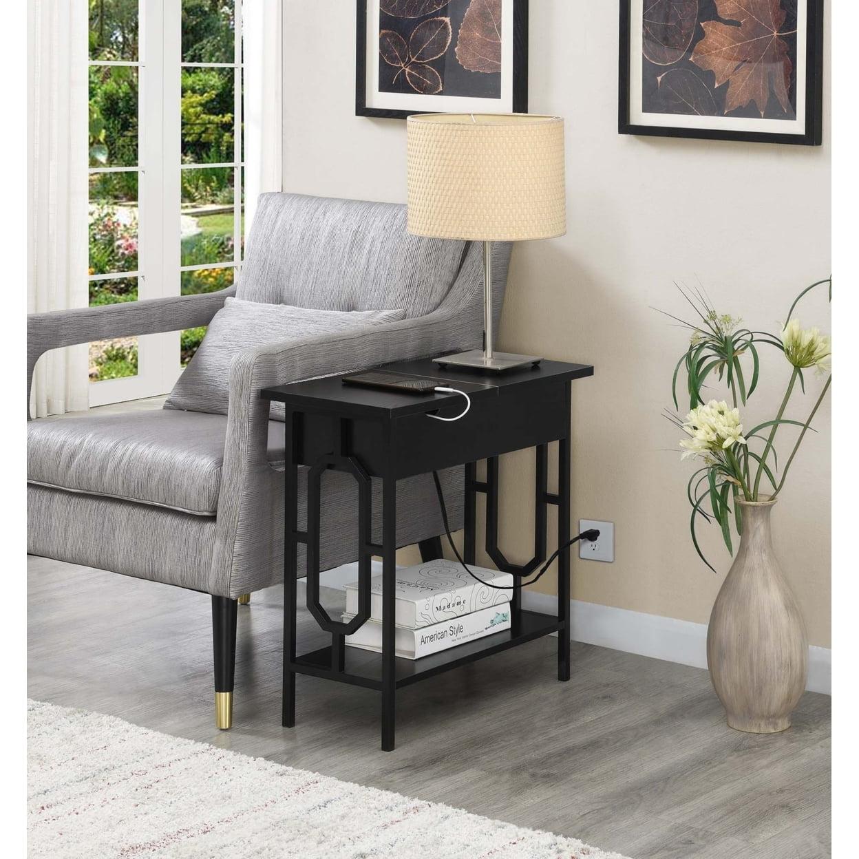 Modern Black Wood & Metal End Table with Charging Station & Storage