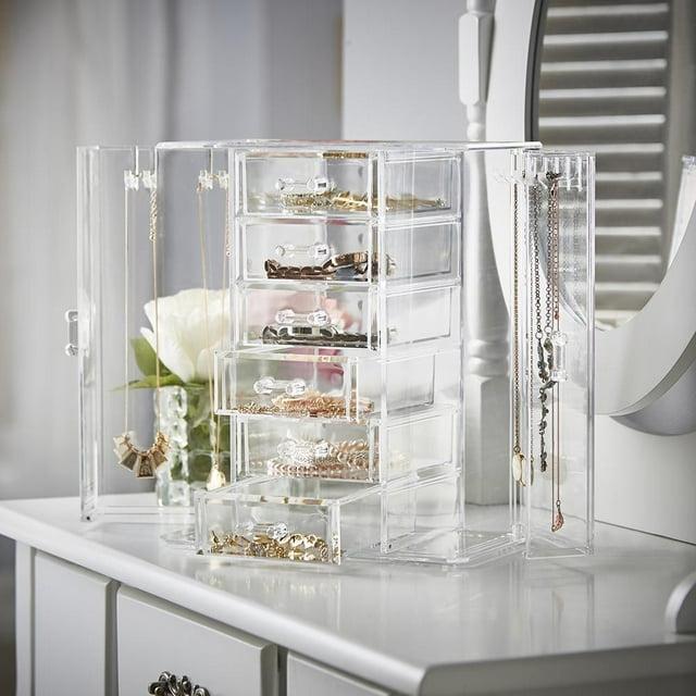 OnDisplay Clear Acrylic Jewelry Organizer Box with 6 Drawers and Side Hooks – Makeup, Necklace, and Accessory Storage for Dresser or Vanity