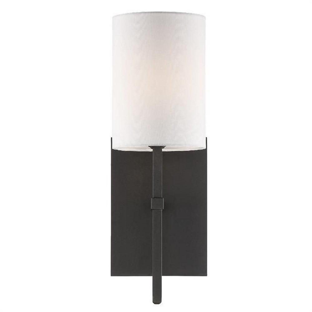 Sleek Black Forged Cylinder Wall Sconce with White Silk Shade