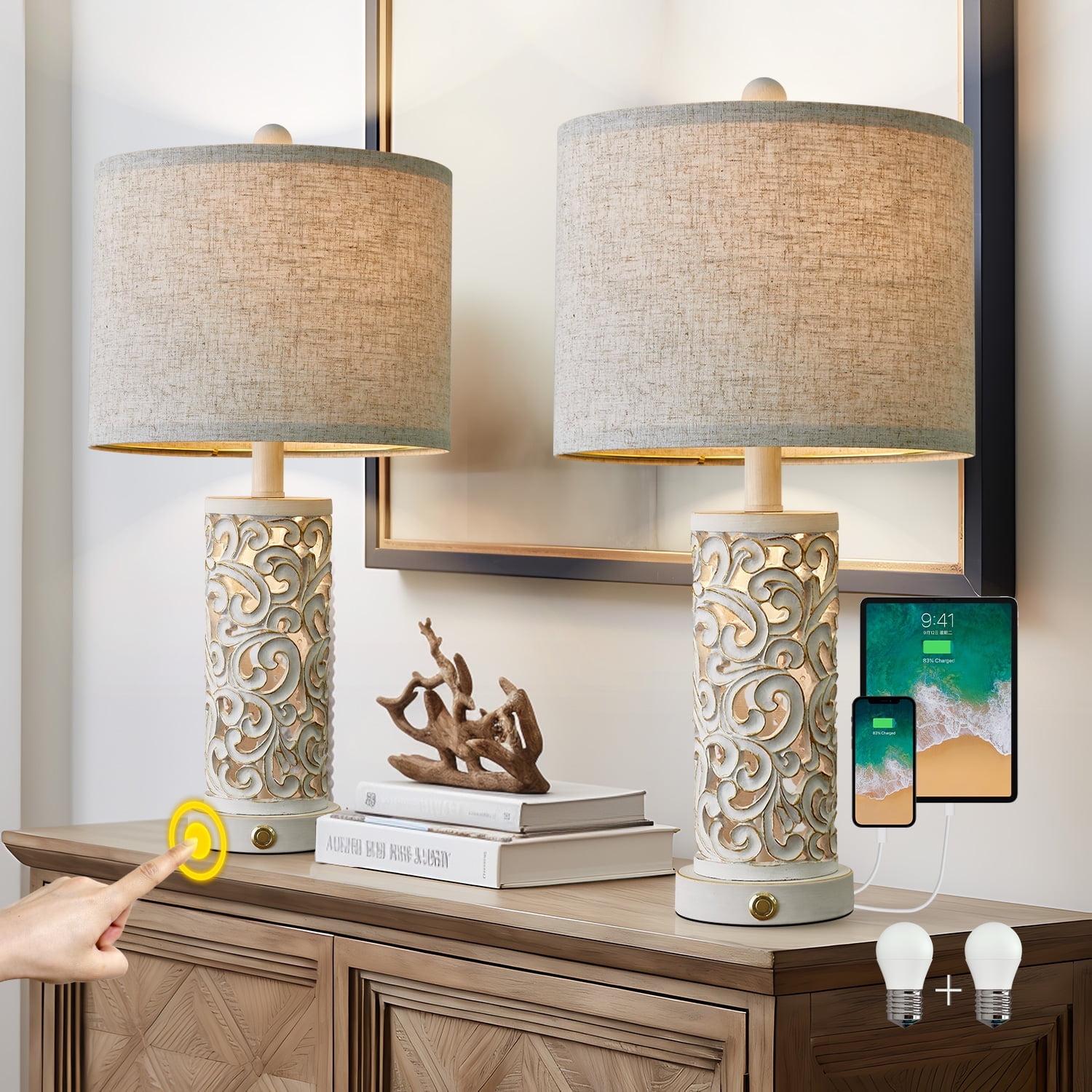 Ophelia & Co. 3-Way Dimmable 22'' Table Lamp Set Of 2 For Living Room Bedroom Farmhouse Vintage Retro Bedside Lamps Touch Control With USB Ports Linen Shade For Home Office (Wash, Bulb Included)