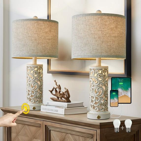 3-Way Dimmable 22'' Table Lamp Set Of 2 For Living Room Bedroom Farmhouse Vintage Retro Bedside Lamps Touch Control With USB Ports Linen Shade For Home Office (Wash, Bulb Included)
