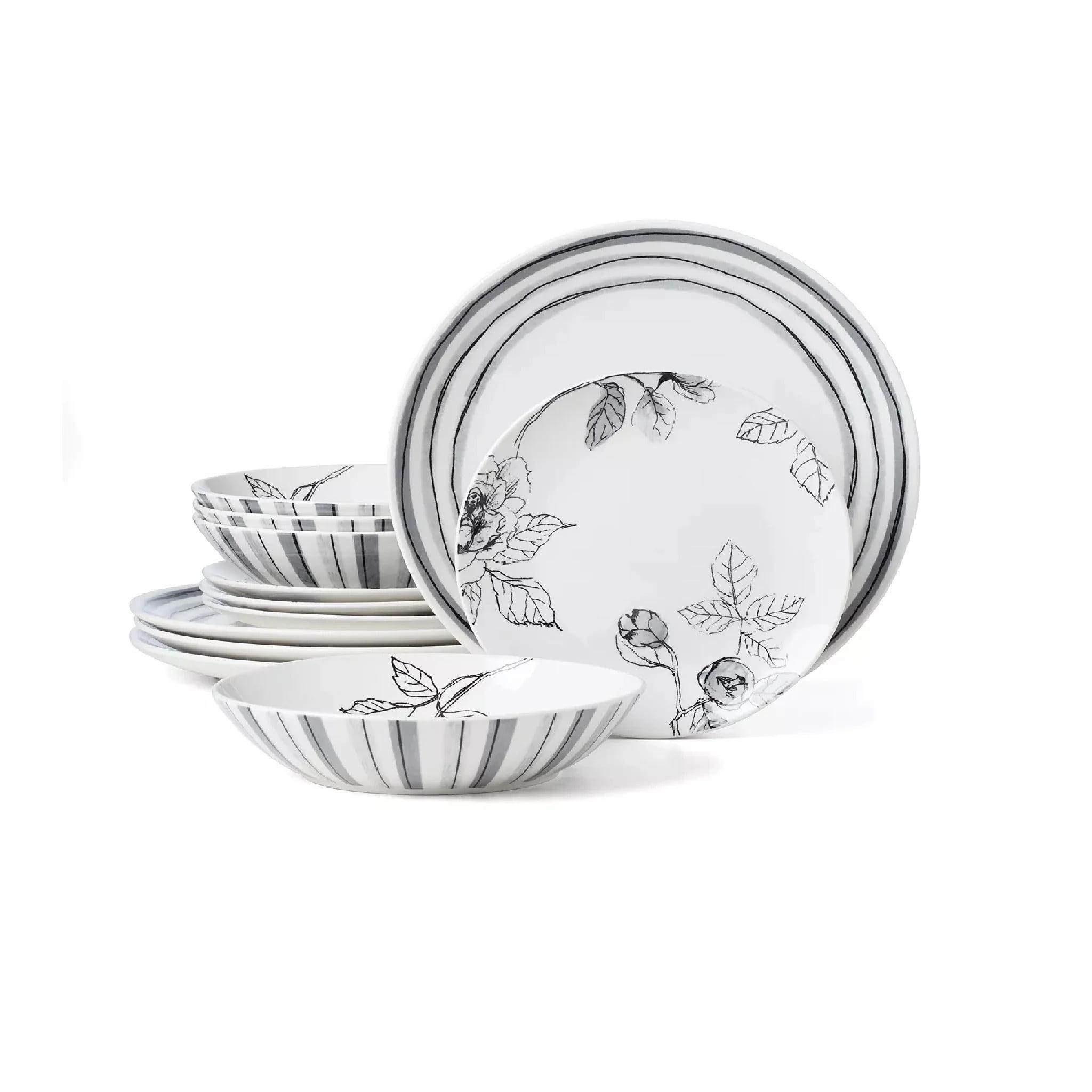 Gray and White Floral Porcelain 12-Piece Dinnerware Set