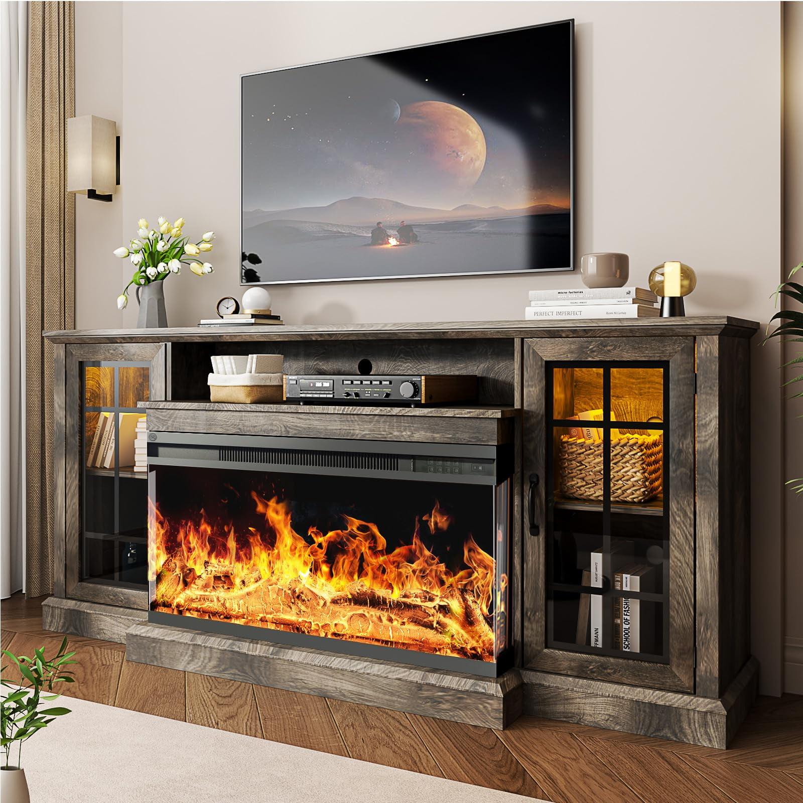 AOXUN 36 Inch 3-Sided Glass Fireplace TV Stand for TVs up to 80", Rustic Media Entertainment Center Console Table with Glass Door Closed Storage, Grey