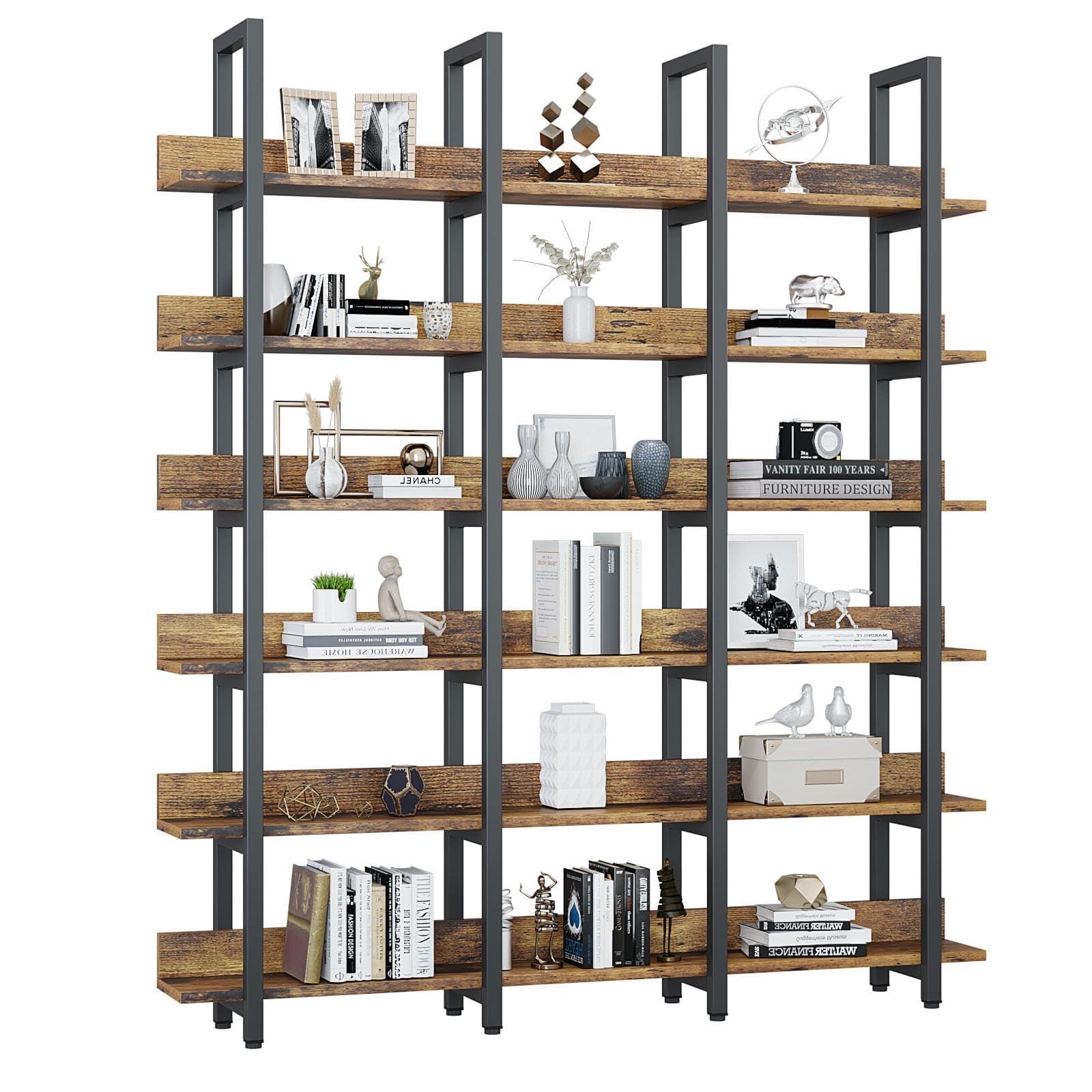 Oneinmil Bookcase and Bookshelves Triple Wide 6 Tiers Large Open Shelves, Vintage Bookcase for Office Home Decoration, Easy to Assemble, Classical Brown