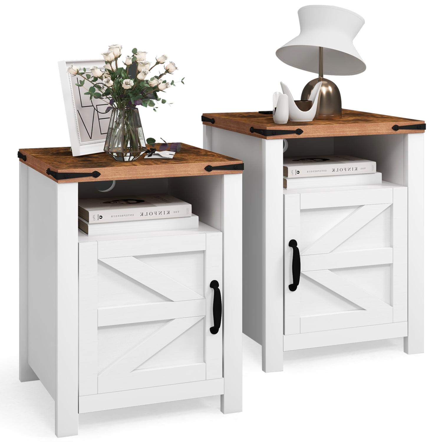 Wood Nightstands with Charging Station End Table Bedside Tables with Barn Door