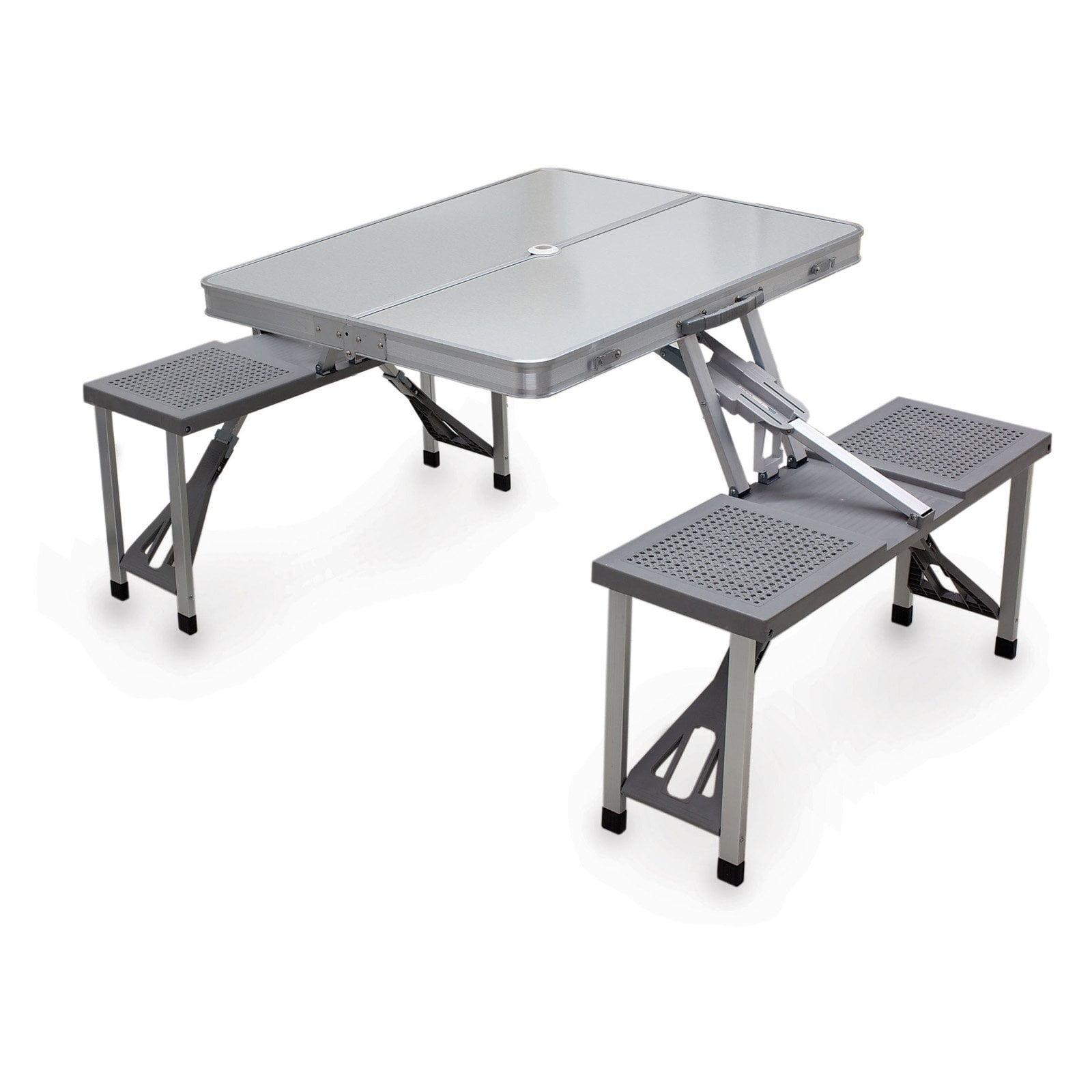 Silver Aluminum Folding Picnic Table with Seats and Umbrella Hole