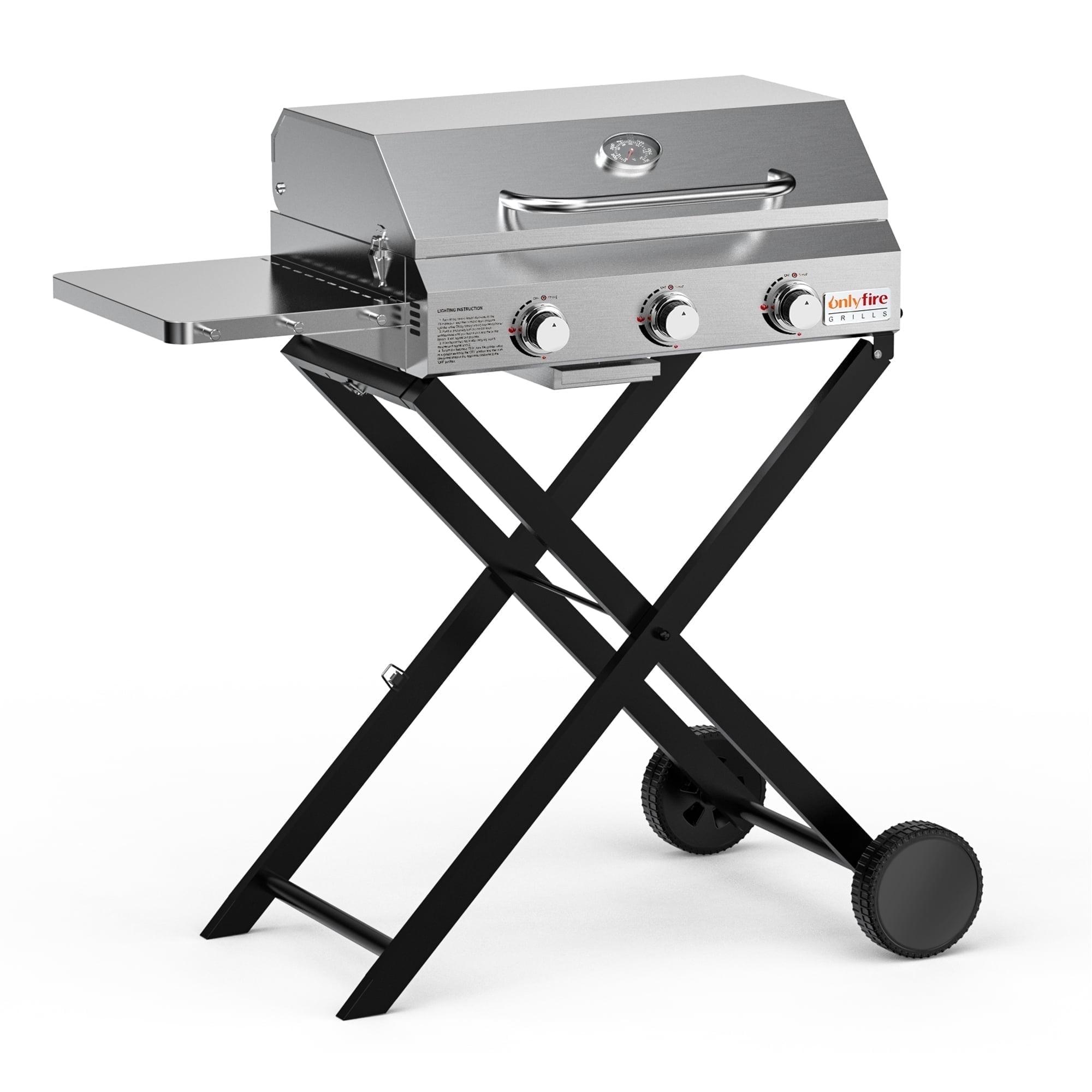 Compact Stainless Steel 3-Burner Propane Gas Grill with Foldable Cart