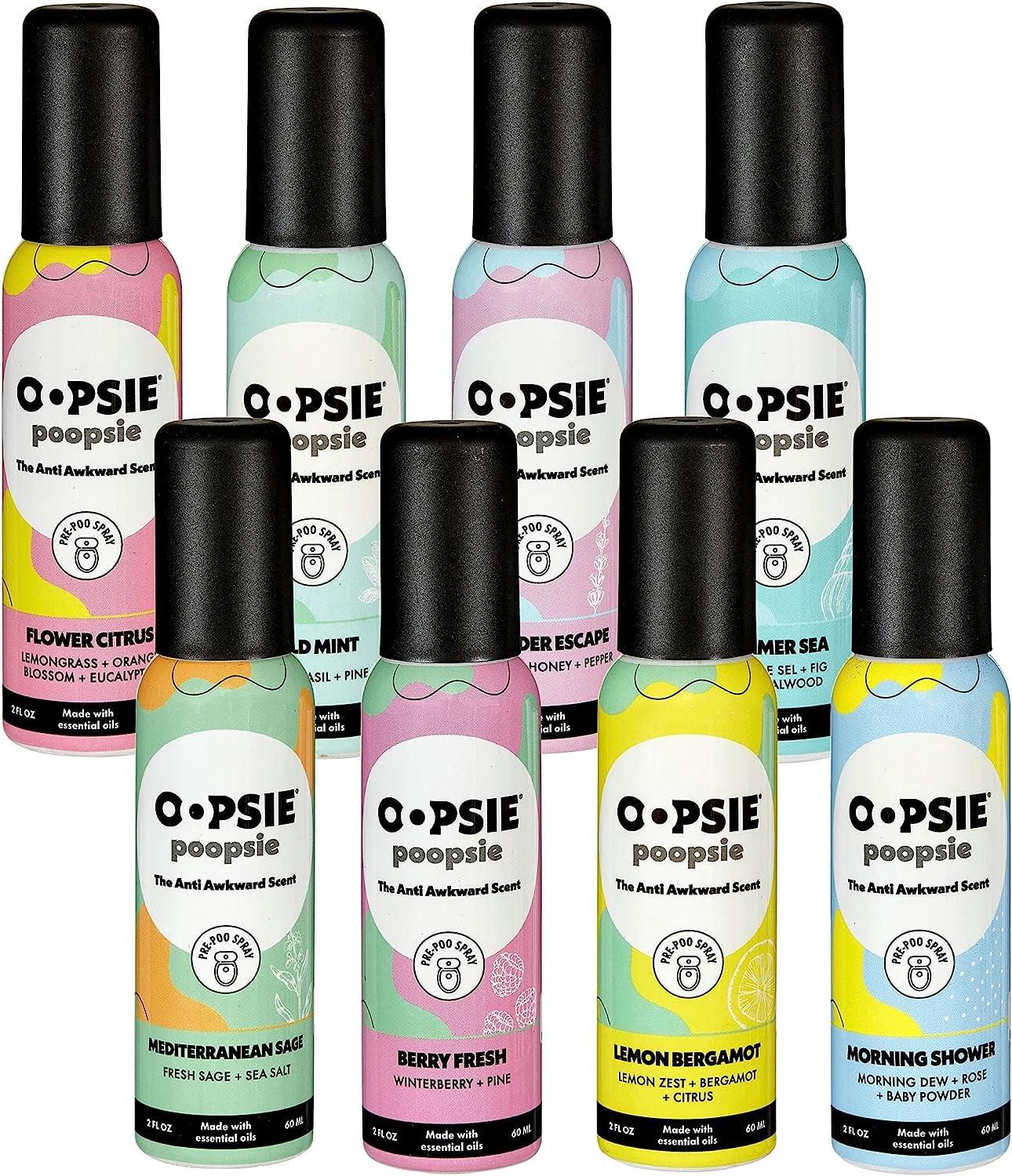 Oopsie Poopsie Pre-Poo toilet spray, discreet & portable original odor deodorizer scents. Pocket-friendly pre-poo spray to use on the go 2oz 8-bottle variety pack for 8-distinct aroma experience