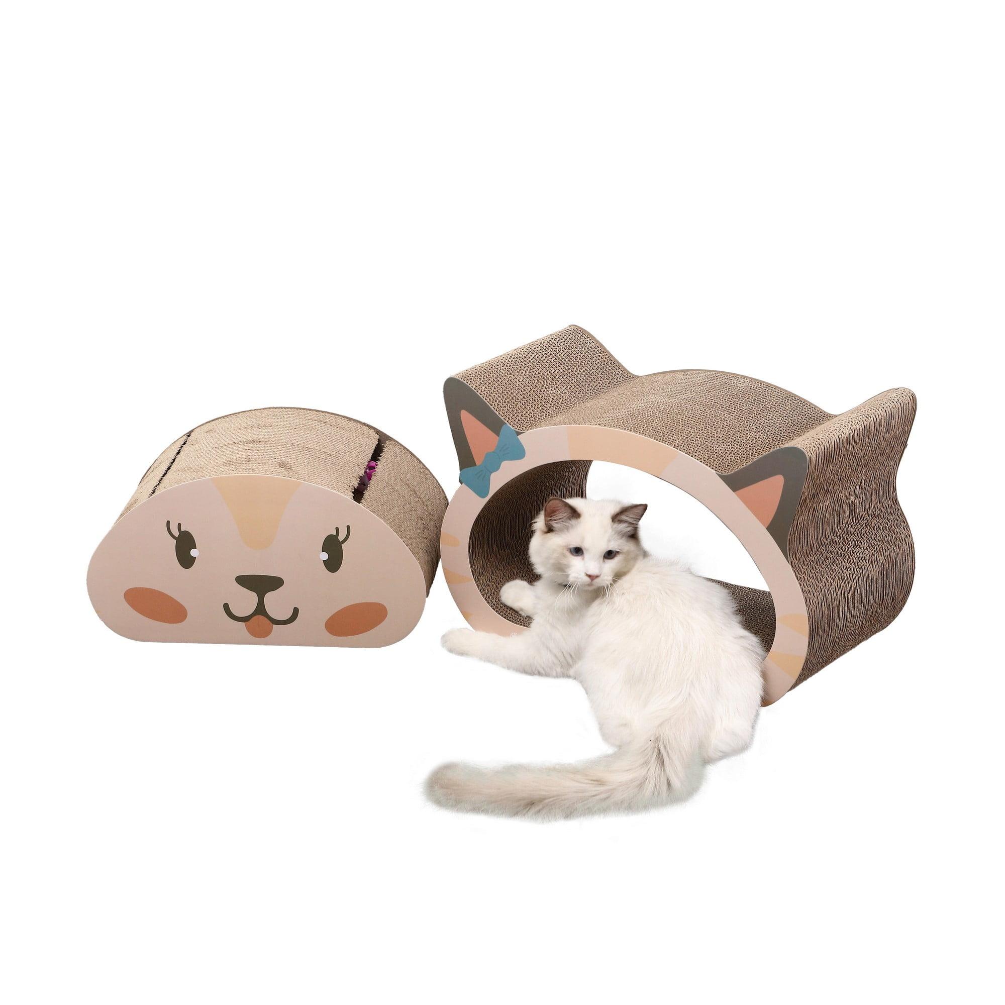 THE LICKER STORE Opal 19" Modern Cardboard Happy Cat Head 2-in-1 Cat Cave Scratcher with Built-In Bell Toys and Catnip, Cream/Peach