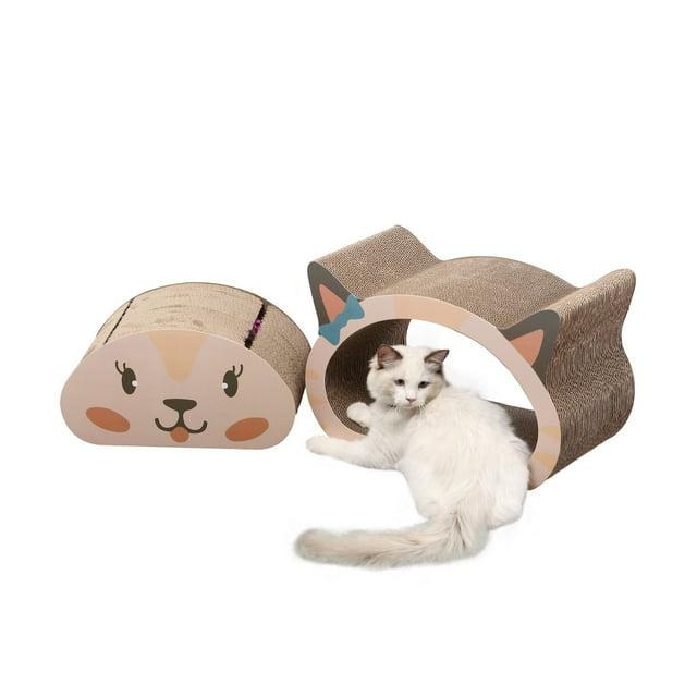 THE LICKER STORE Opal 19" Modern Cardboard Happy Cat Head 2-in-1 Cat Cave Scratcher with Built-In Bell Toys and Catnip, Cream/Peach
