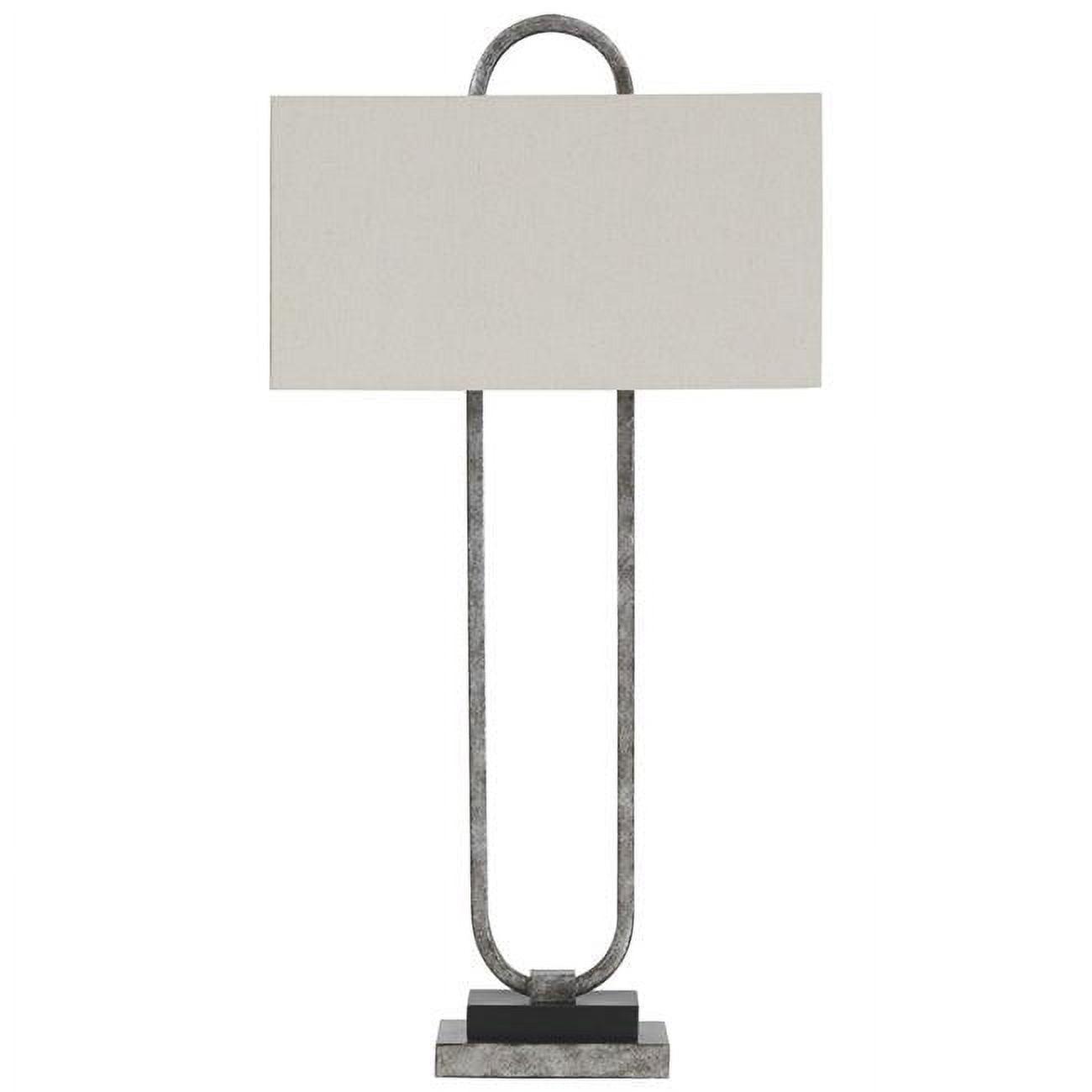 Open Capsule Metal Body Table Lamp with Fabric Drum Shade, Gray & White