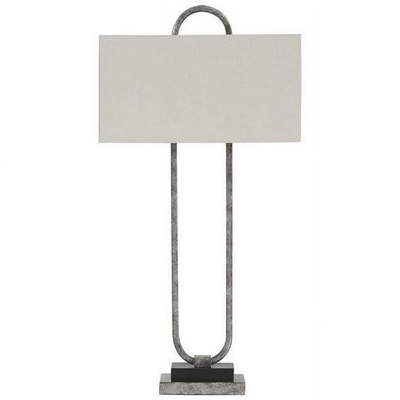 Open Capsule Metal Body Table Lamp with Fabric Drum Shade, Gray & White