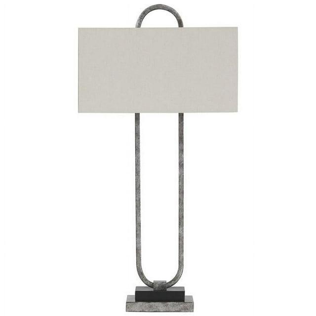 Open Capsule Metal Body Table Lamp with Fabric Drum Shade, Gray & White