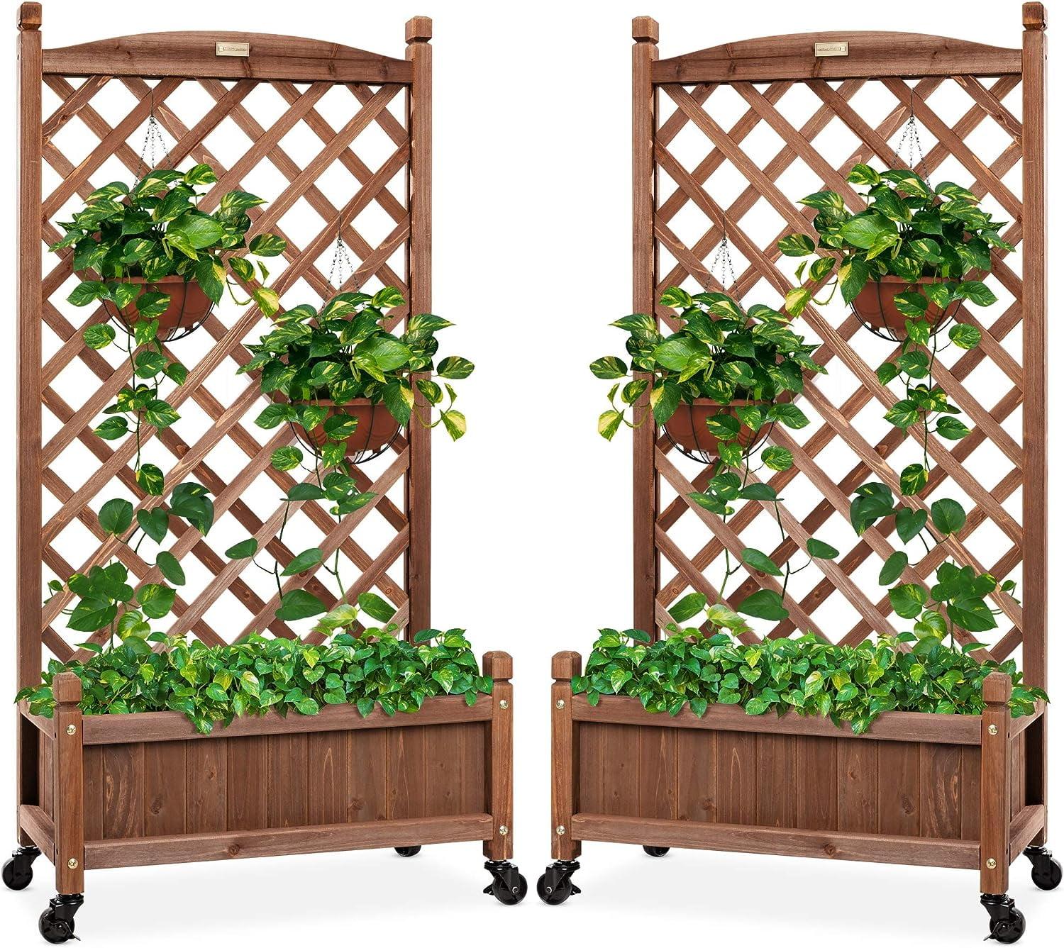 Best Choice Products Set of 2 48in Wood Planter Box & Diamond Lattice Trellis, w/ Drainage, Optional Wheels - Walnut