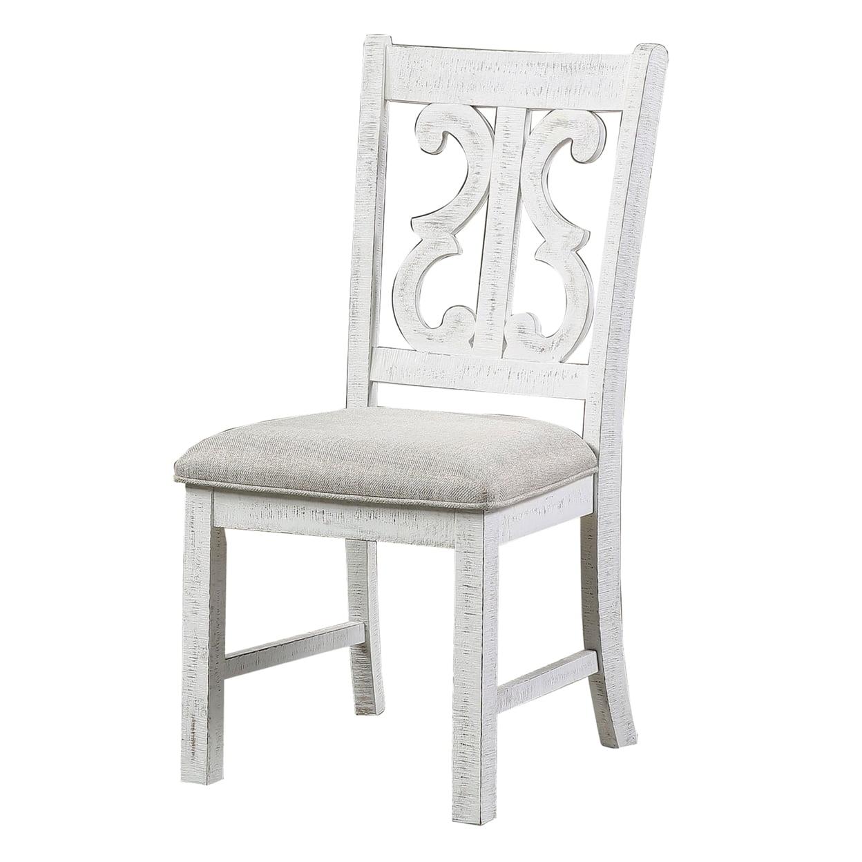 Elegant Linen Upholstered White Wood Side Chair with Open Scroll Back - Set of 2