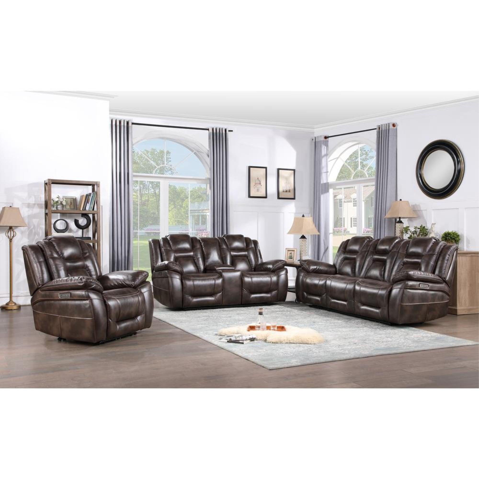 Oportuna Brown Faux Leather Dual Power Reclining Sofa Set