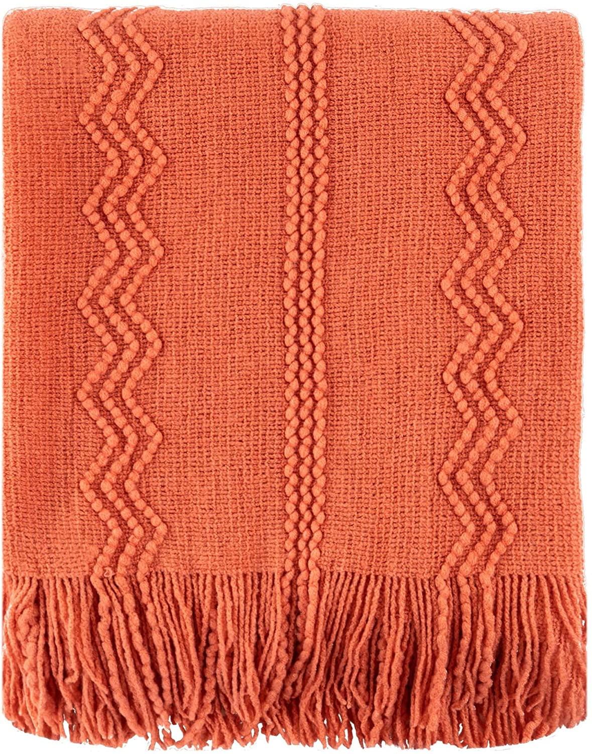 Battilo Orange Throw Blanket with Fringe Geometric Bed Salmon Knit Throws for Couch,Fall Blanket,50"x60"