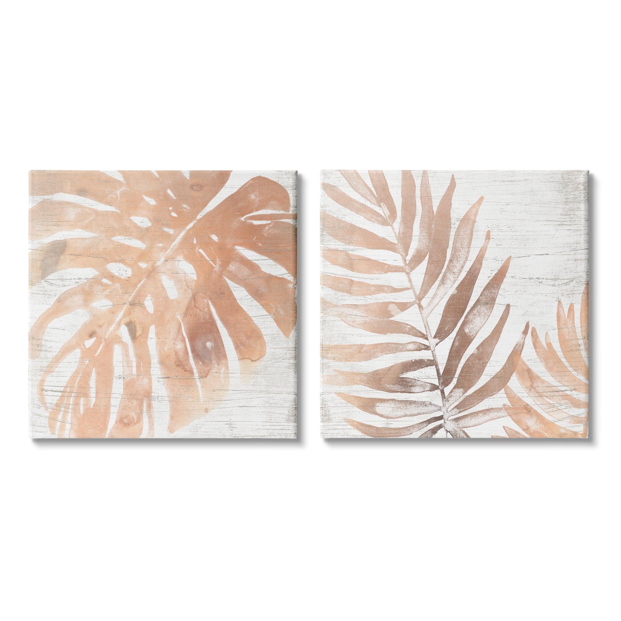 Orange Palm Leaves over Rustic Distressed Pattern Botanical & Floral Gallery-Wrapped Canvas Print Wall Art, Set of 2, 17x17