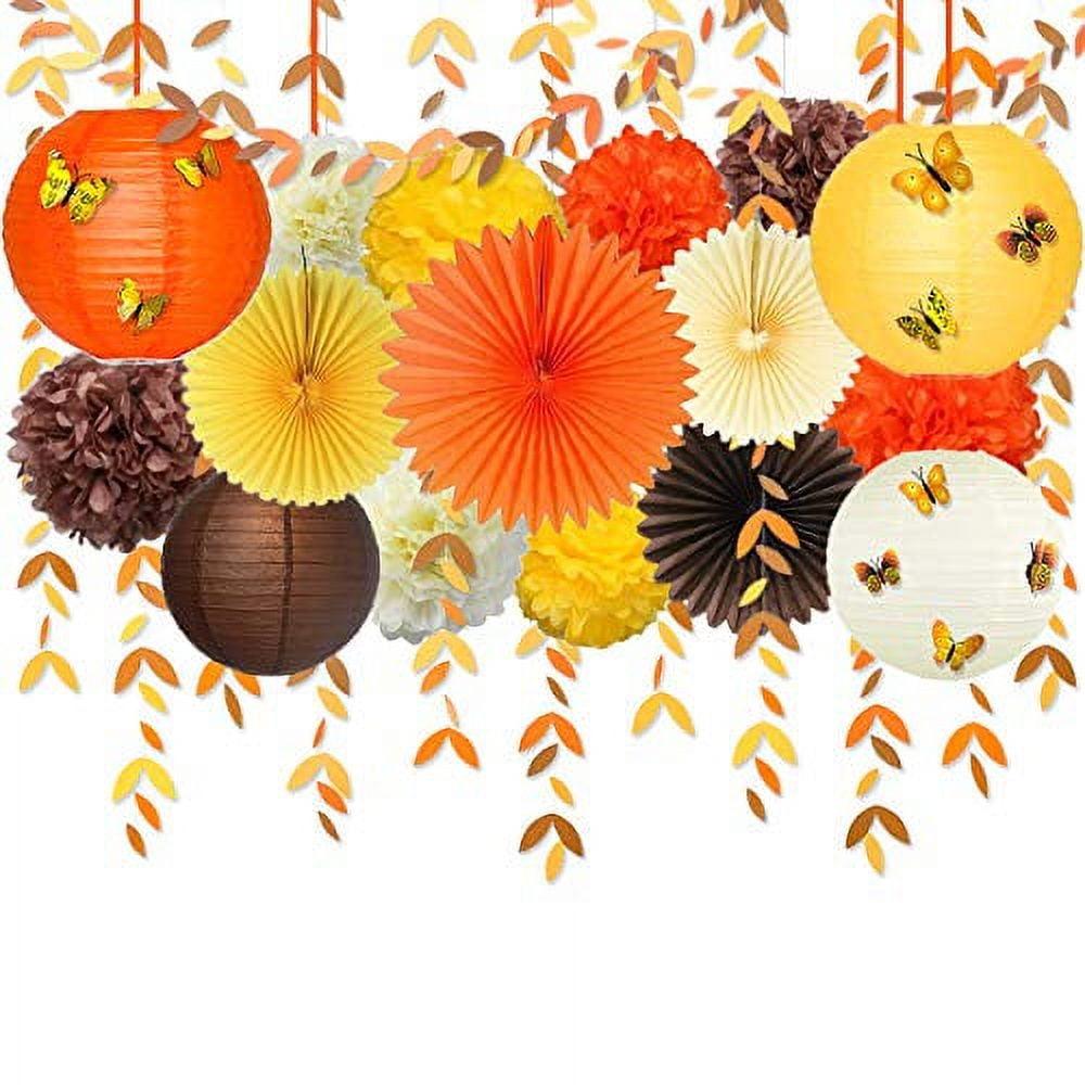 Orange Party Decorations Kit Yellow Orange Brown Paper Hanging Fans Lanterns Flowers Pom Pom with 3D Butterfly Leaves Garland for Wedding Bridal Shower Birthday Fall Autumn Thanksgiving Party Supplies