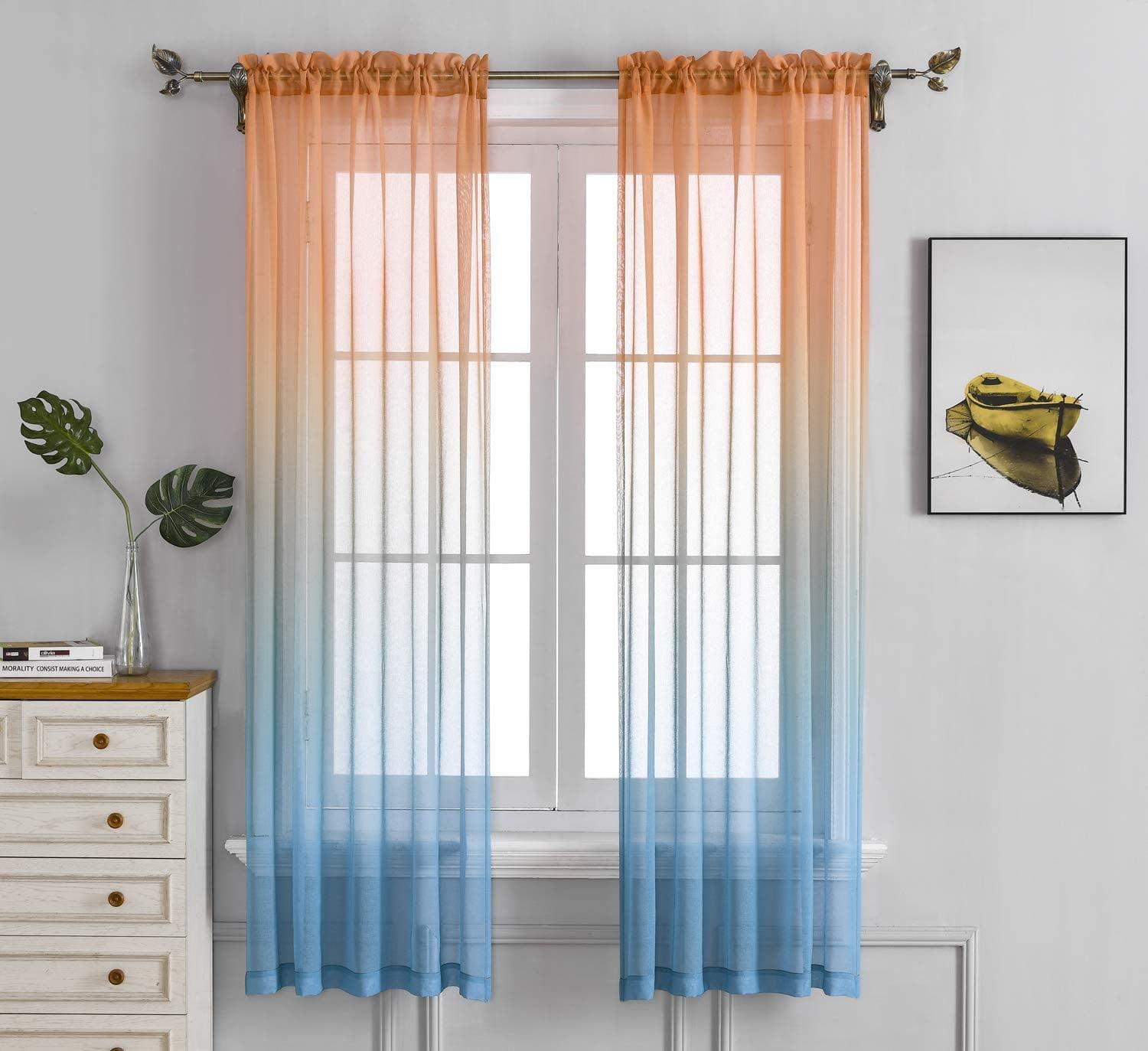 Orange Teal Ombre Sheer Curtains for Kids playroom 2 Panels Rod Pocket Bedroom Window Semi Voile Drapes Faux Linen Décor Girls Livingroom Room Decoration Party 84 Inch Long