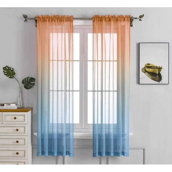 Orange Teal Ombre Sheer Curtains for Kids playroom 2 Panels Rod Pocket Bedroom Window Semi Voile Drapes Faux Linen Décor Girls Livingroom Room Decoration Party 84 Inch Long