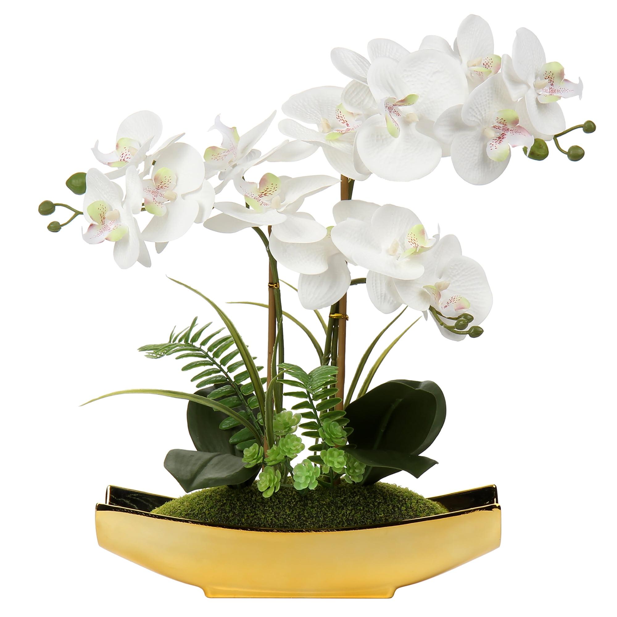 15" Artificial Orchid Flowers Phalaenopsis Flower Arrangements in Silver Vase Wedding Party Home Decor