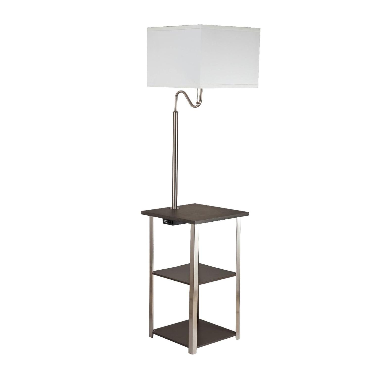 Silver Metal Floor Lamp with Brown Shelves and USB Charging Station