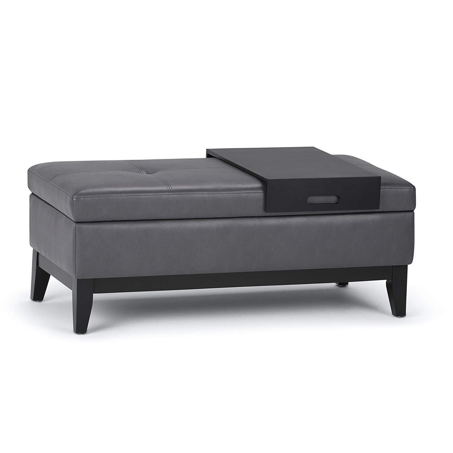 Simpli Home Oregon 42"W Upholstered Storage Ottoman Bench with Lift-Top Lid and Tray