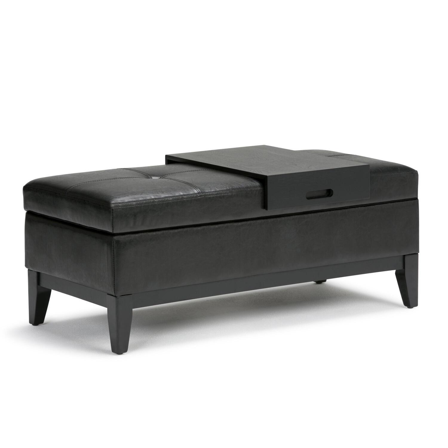 Midnight Black Tufted Faux Leather Cocktail Ottoman with Tray & Storage