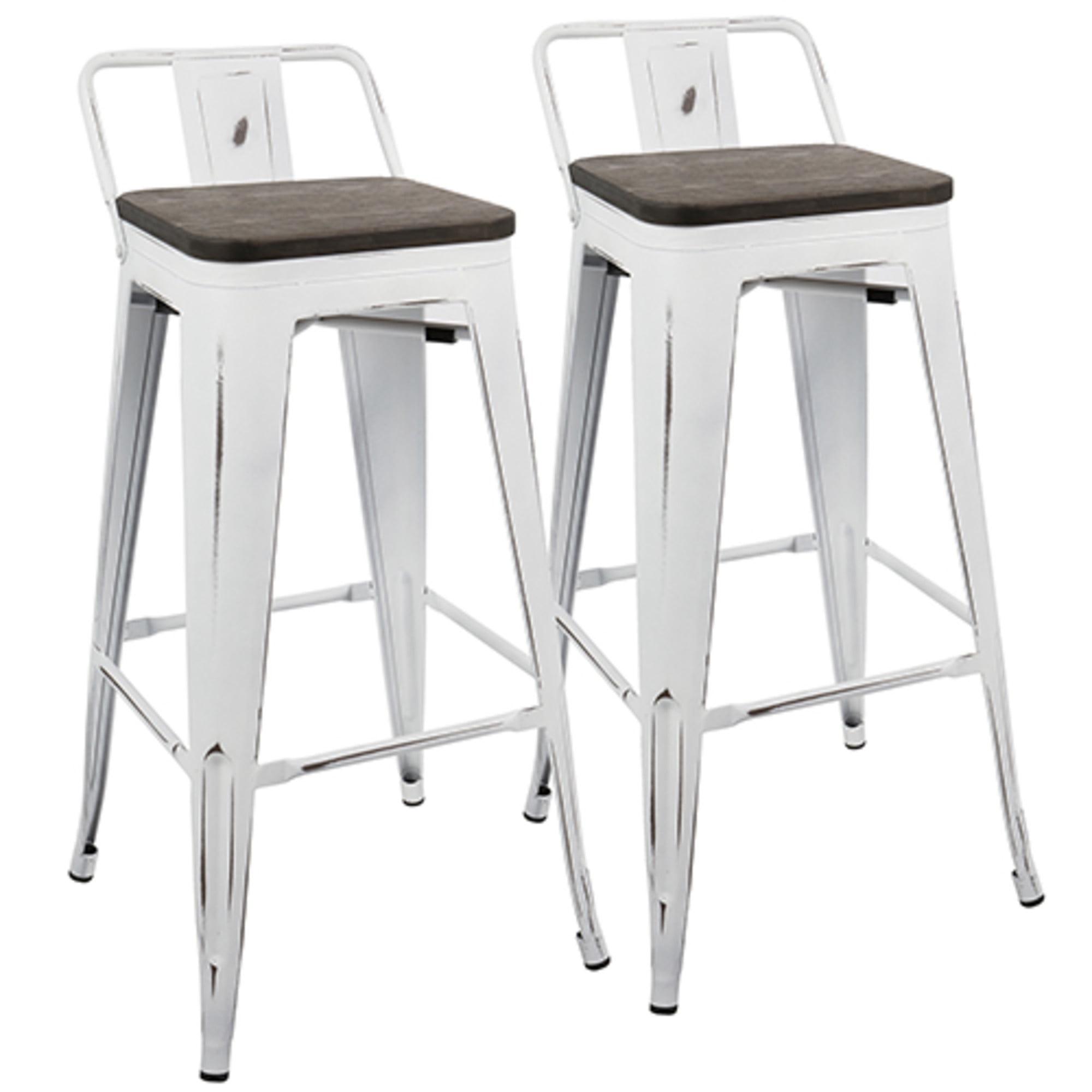 Vintage White Steel and Bamboo 35.7" Industrial Stool