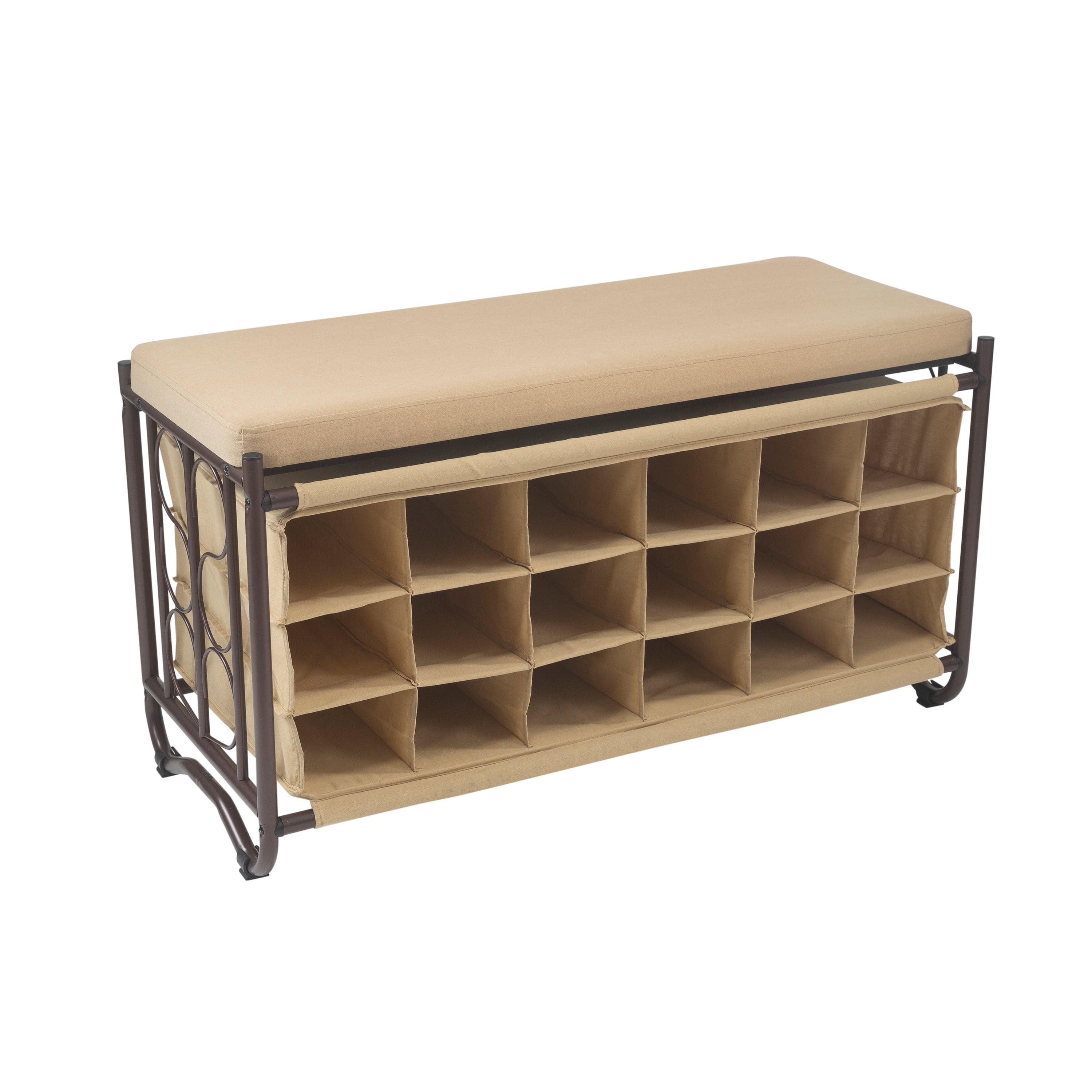 Organize It All Shoe Rack with Bench: Metal Frame, Holds 18 Pairs, Entryway Shoe Storage, Beige & Black, 39.75" Width