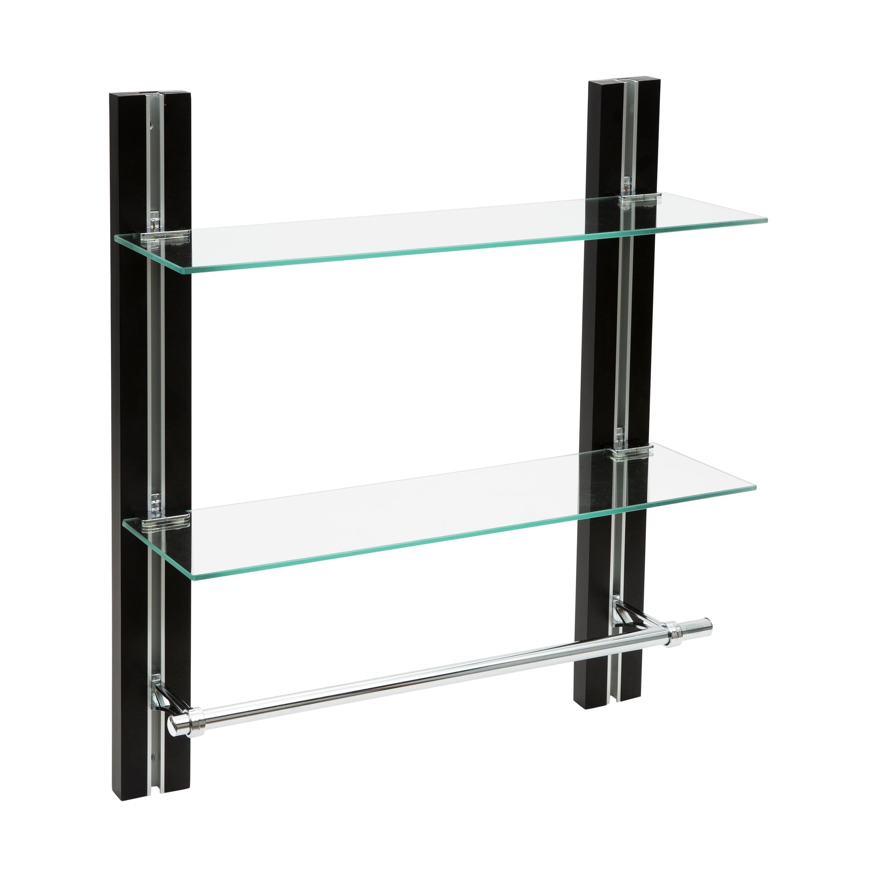 Dark Wood and Glass 2-Tier Bathroom Shelf with Chrome Towel Bar