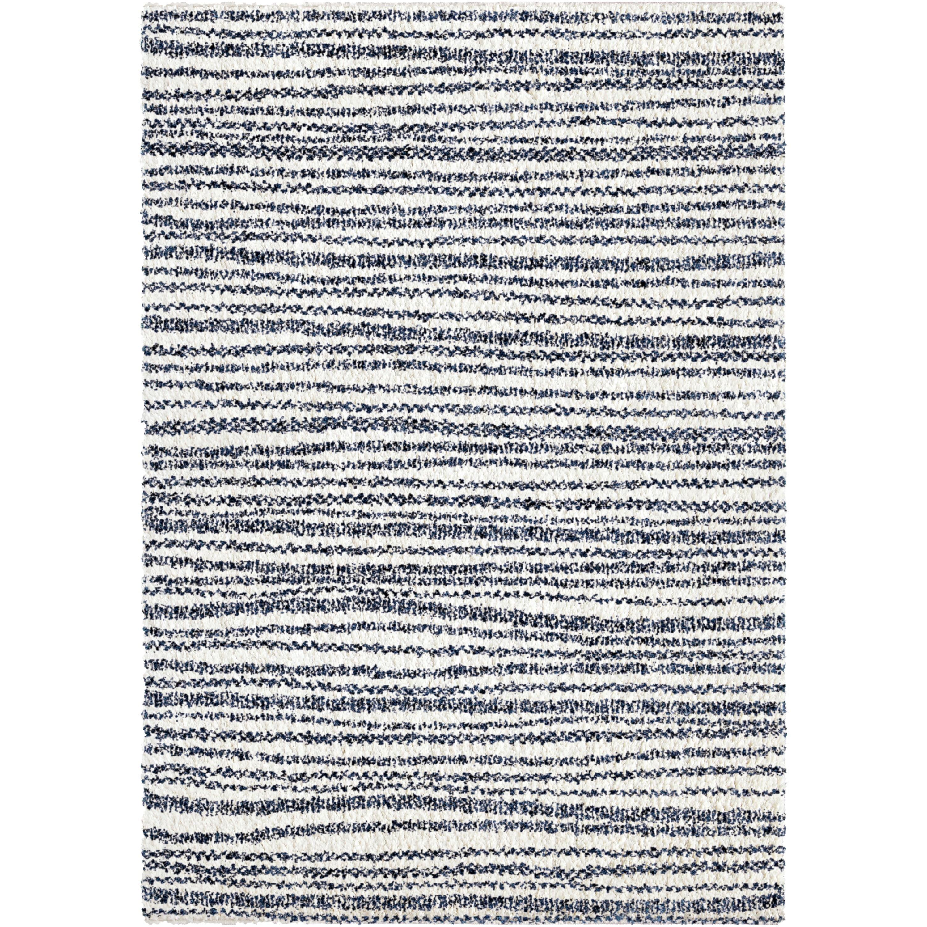 Ivory and Blue Striped Synthetic Plush Area Rug