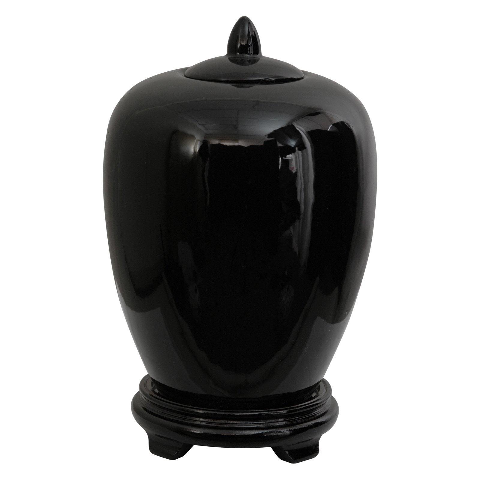 Oriental Furniture 11" Solid Black Porcelain Vase Jar, Black, decorative item, oriental design, living room