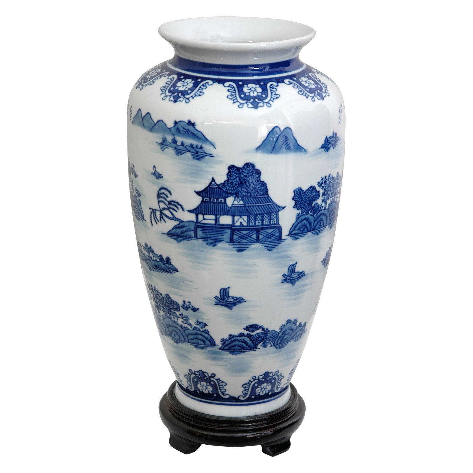 Blue & White Oriental Landscape Porcelain Vase 14 Inches