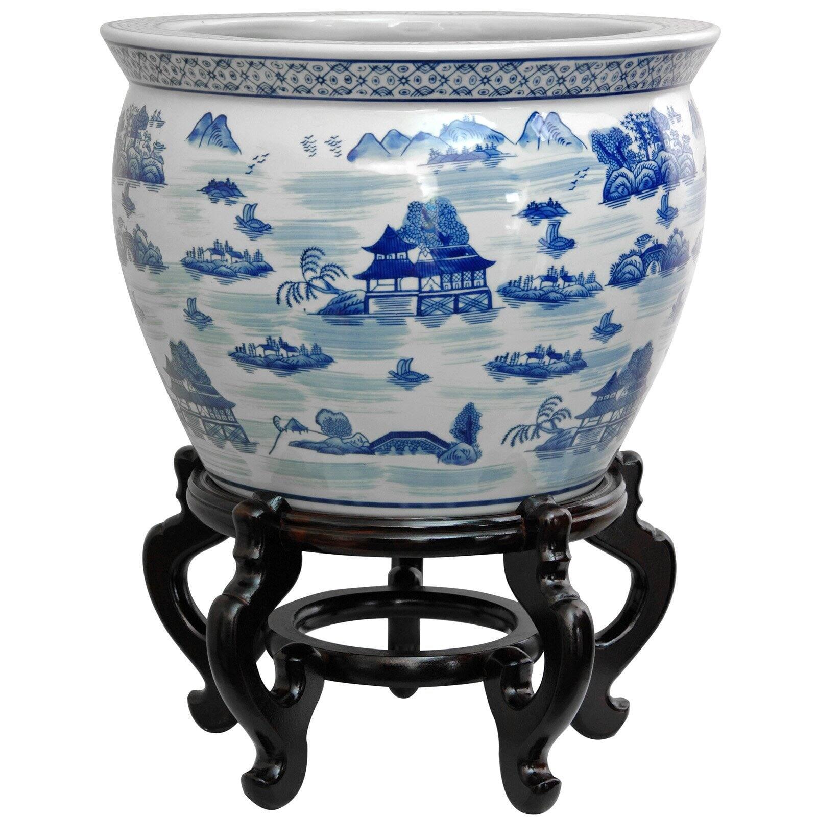 Ming Dynasty Blue & White Porcelain Fishbowl with Optional Stand