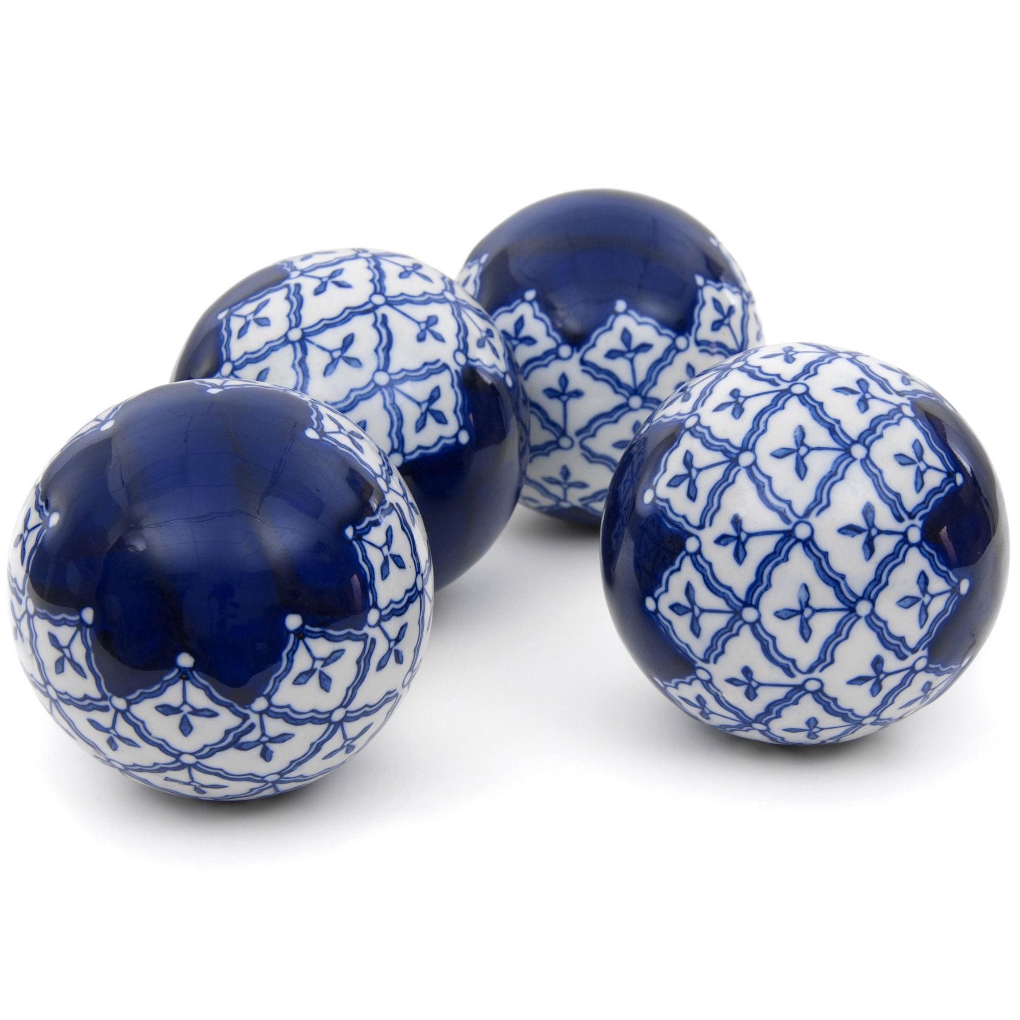 Oriental Furniture 4" Blue & White Medallions Porcelain Ball Set, decorative item, center piece