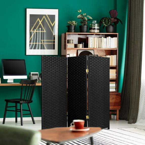 4 ft. Tall Woven Fiber Room Divider - Black (3 Panels) - Oriental Furniture: Rattan-Style, Privacy Screen