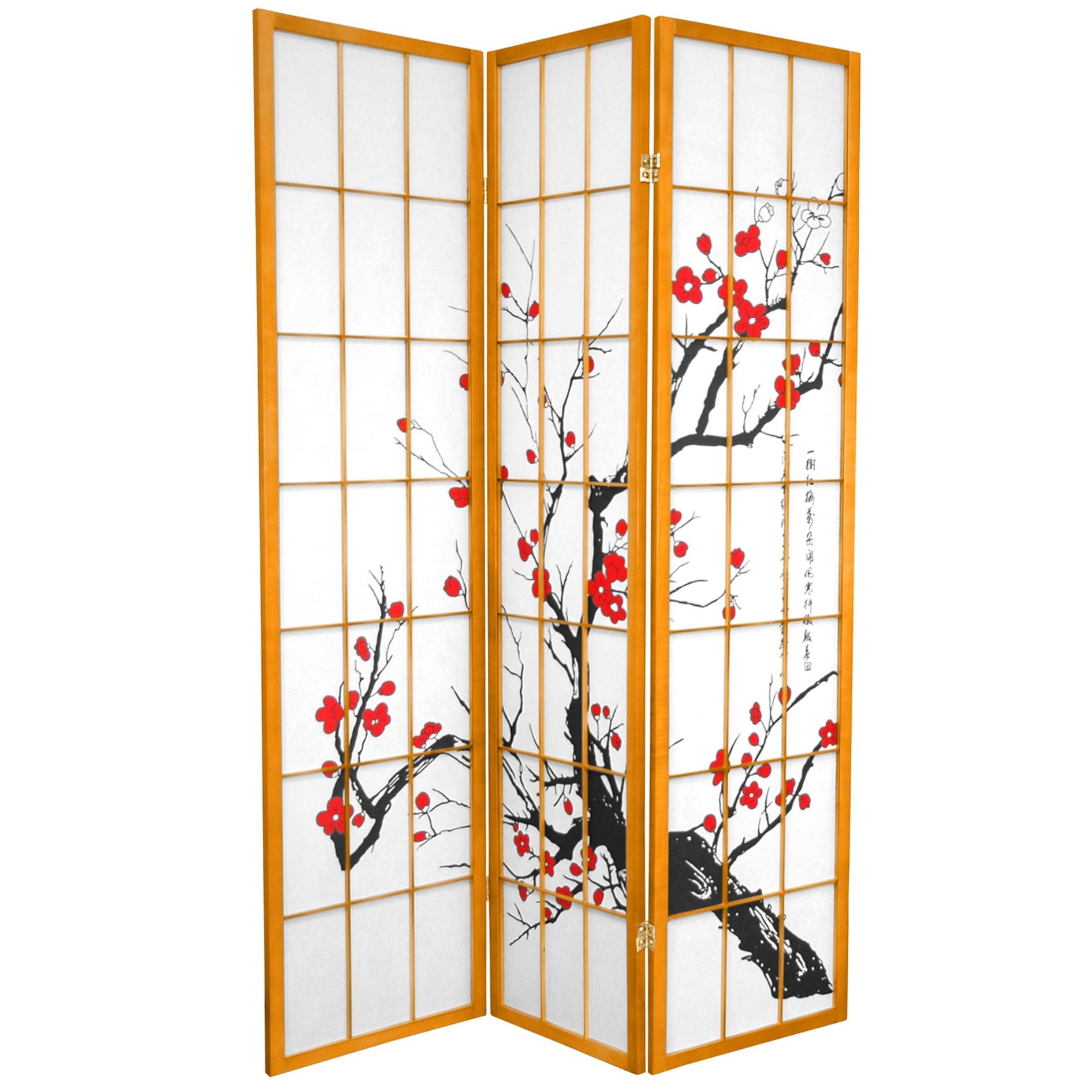 Honey Spruce 3-Panel Shoji Room Divider with Cherry Blossom Design