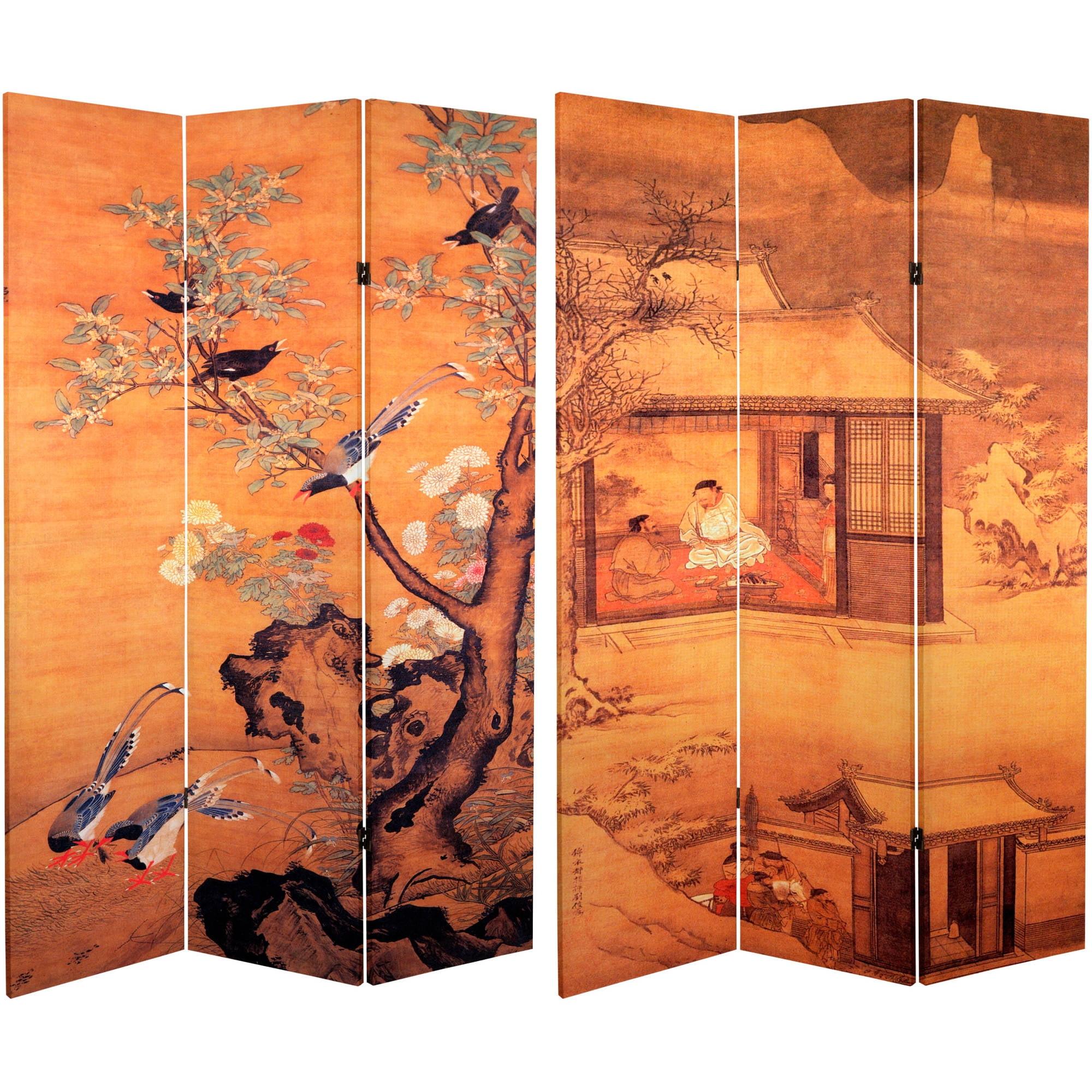 6' Tall Double Sided Chinese Landscapes Canvas Room Divider - Oriental Furniture: 3-Panel, Wood Composite