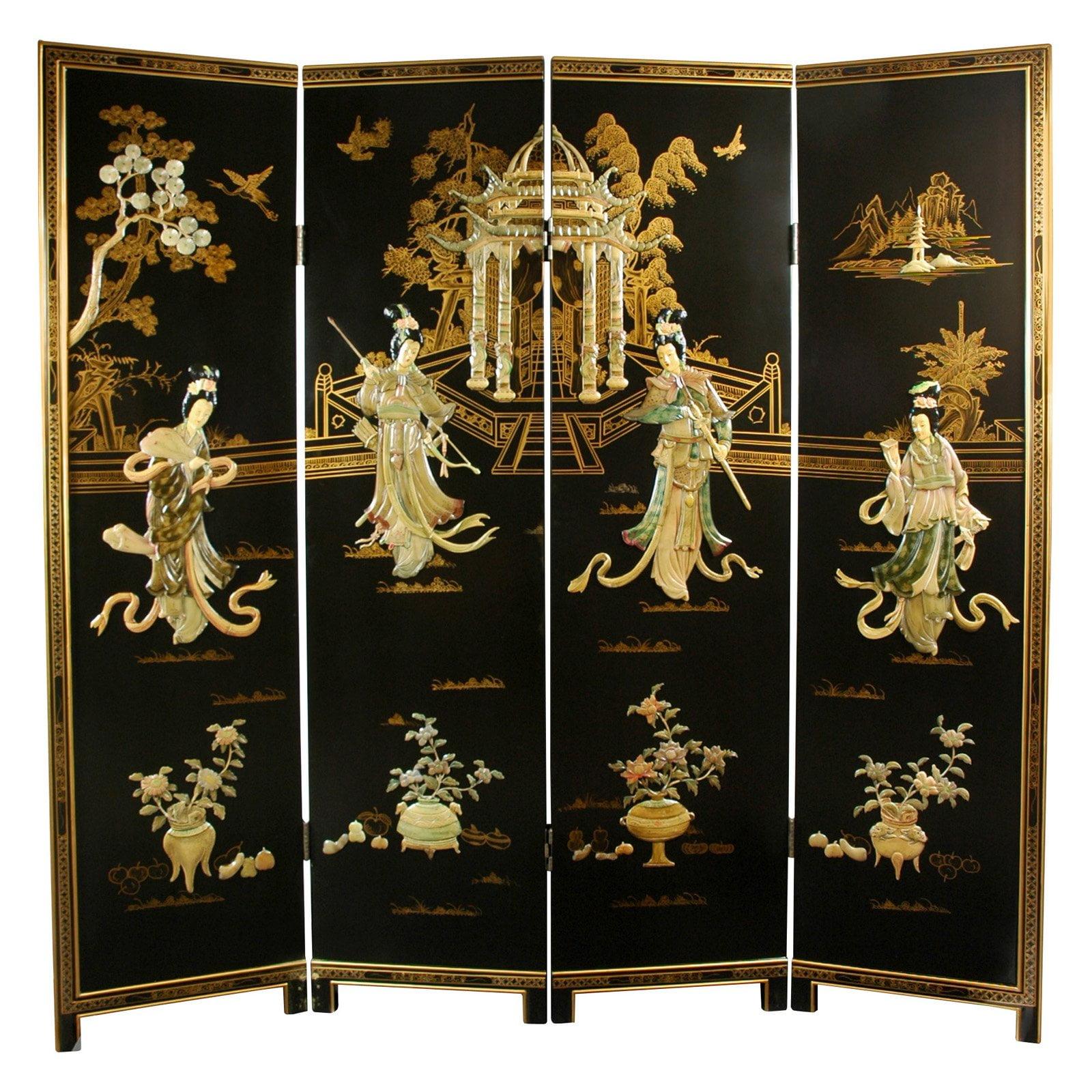 72" Black and Gold Hand-Painted Shoji Room Divider