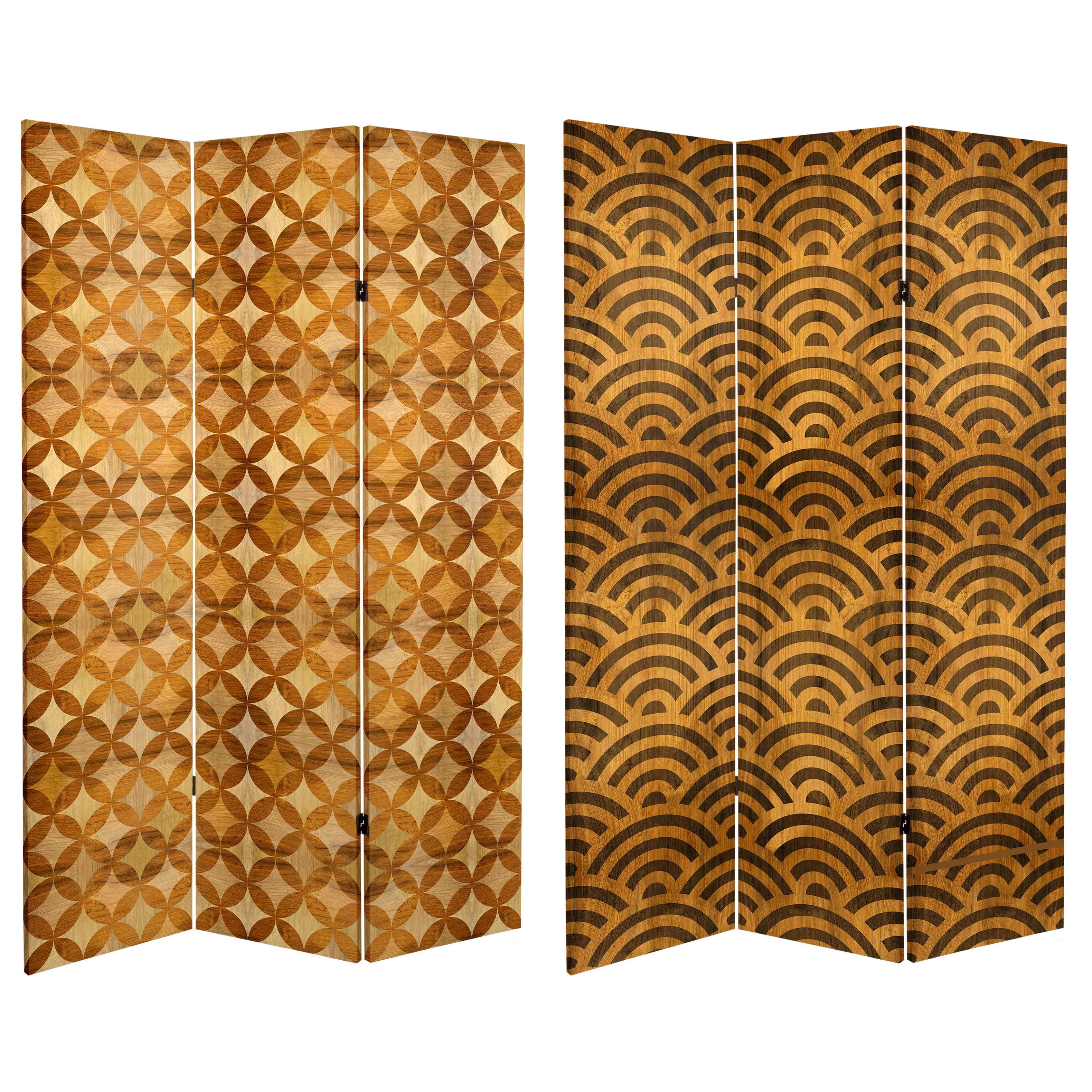 Japanese Kumiko Wave 6-Ft Wood Canvas Folding Room Divider