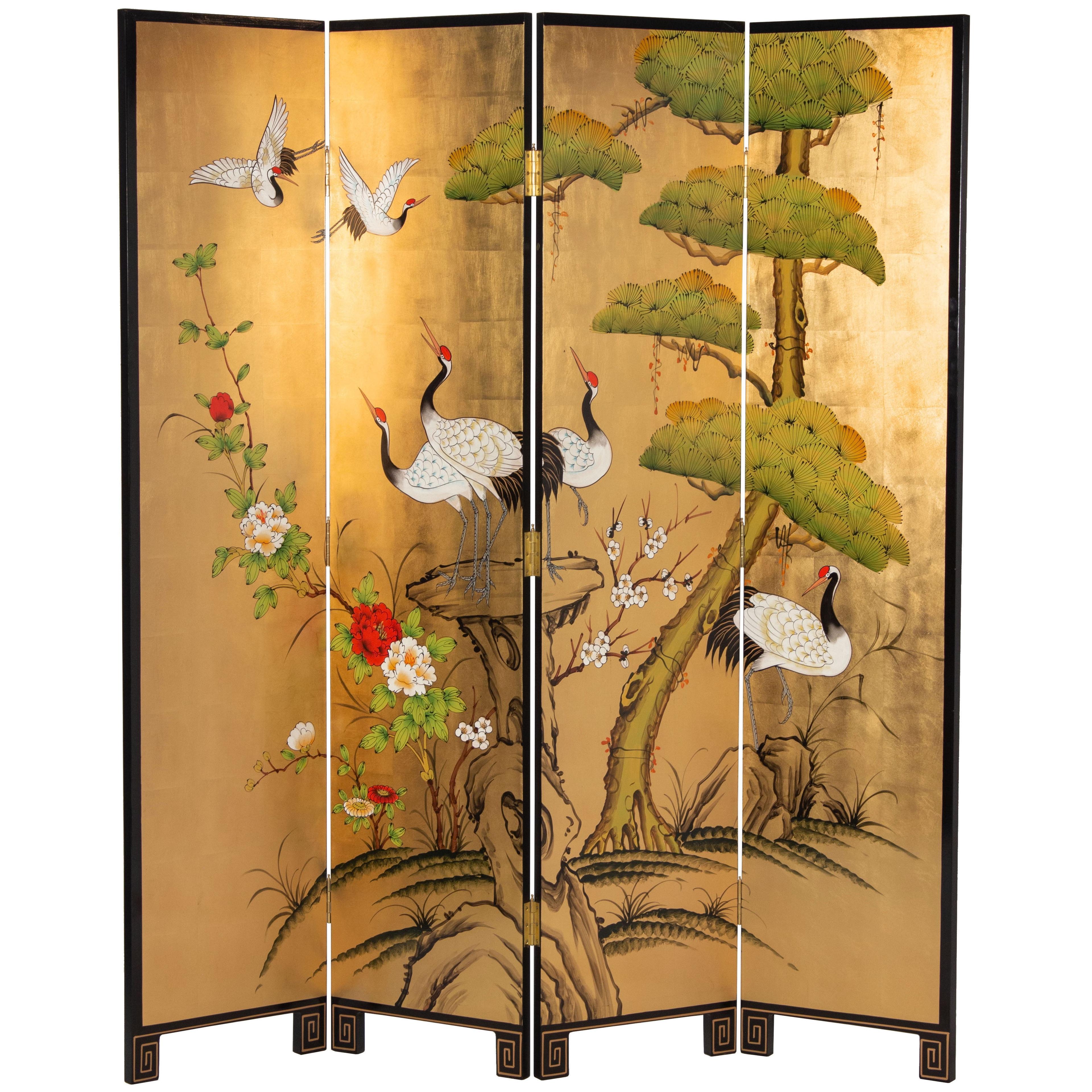 6 Ft. Tall Gold Lacquer Room Divider with Hand-Painted Cranes