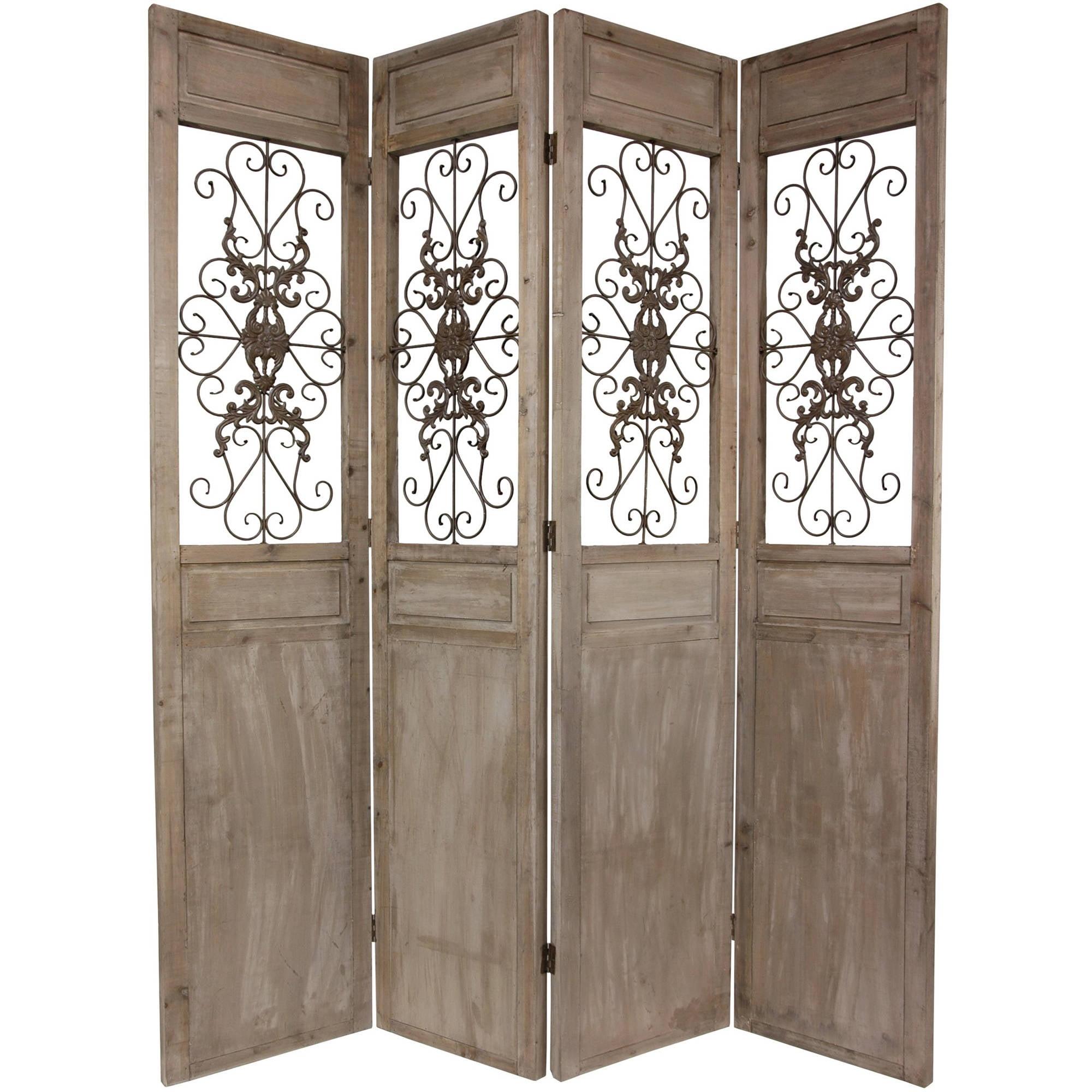 85.25" Distressed Gray Wood and Metal Scrollwork 4-Panel Room Divider