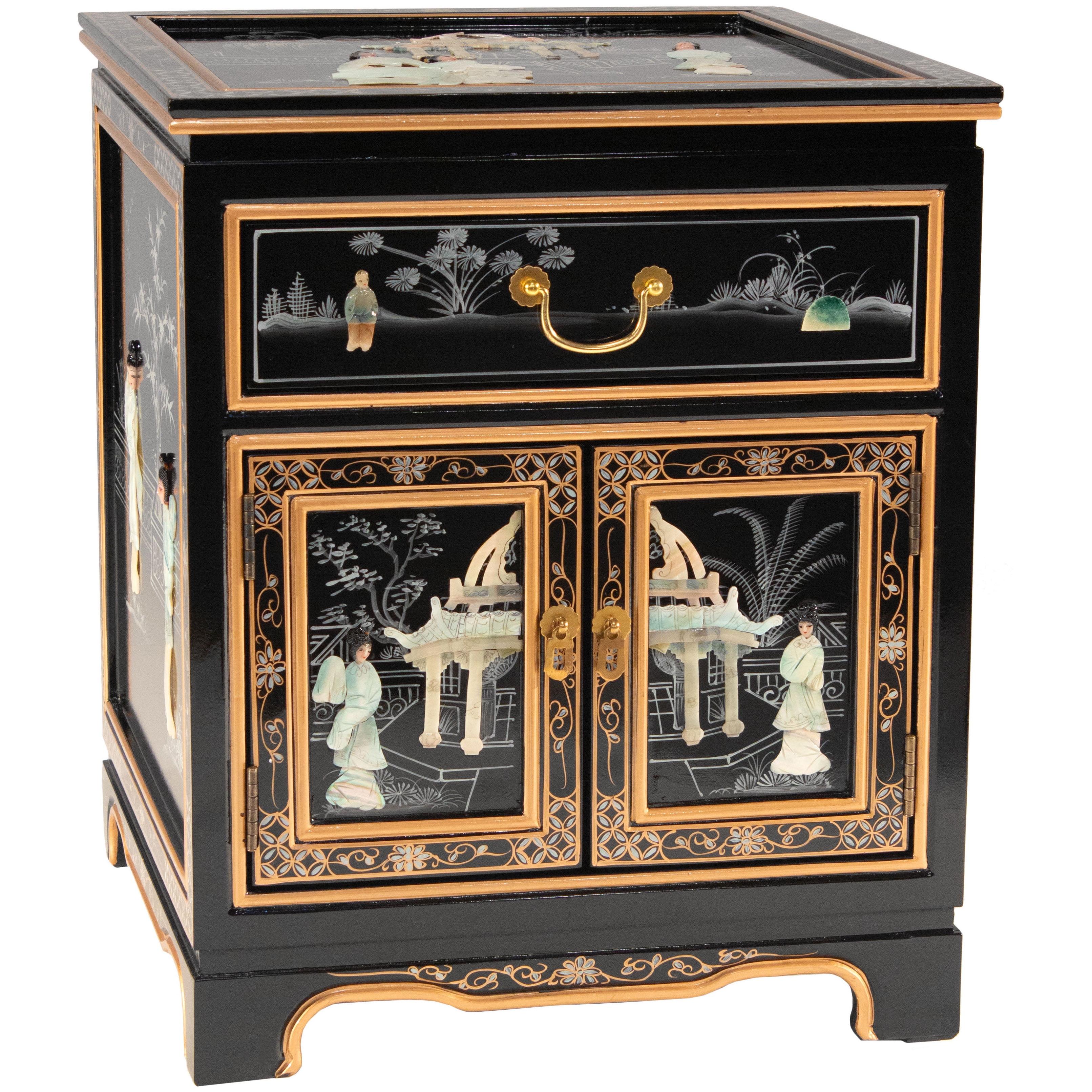 Elegant Black Lacquer Wood End Table with Mother-of-Pearl Accents