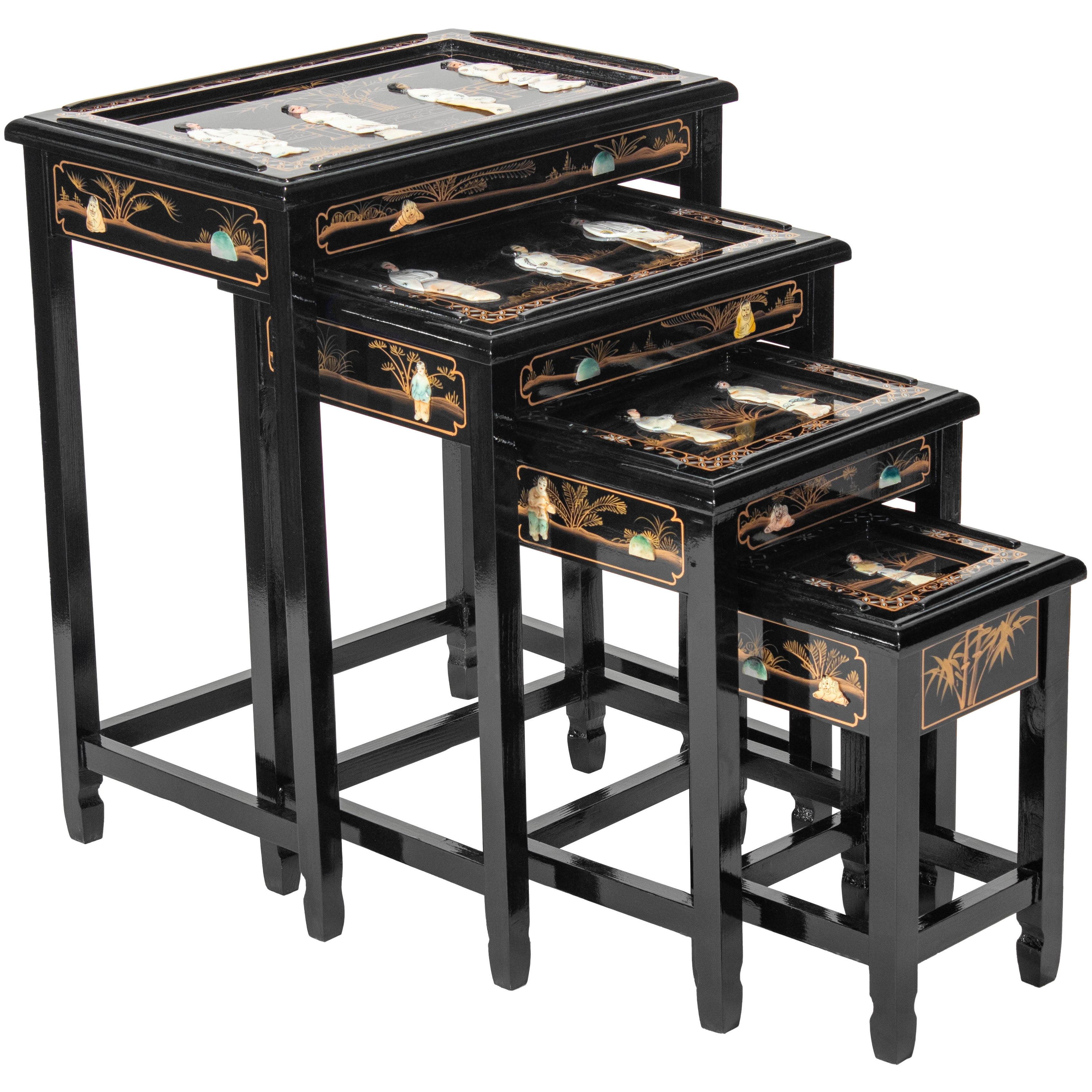 Elegant Elmwood Black Lacquer Nesting Tables with Mother of Pearl Inlay